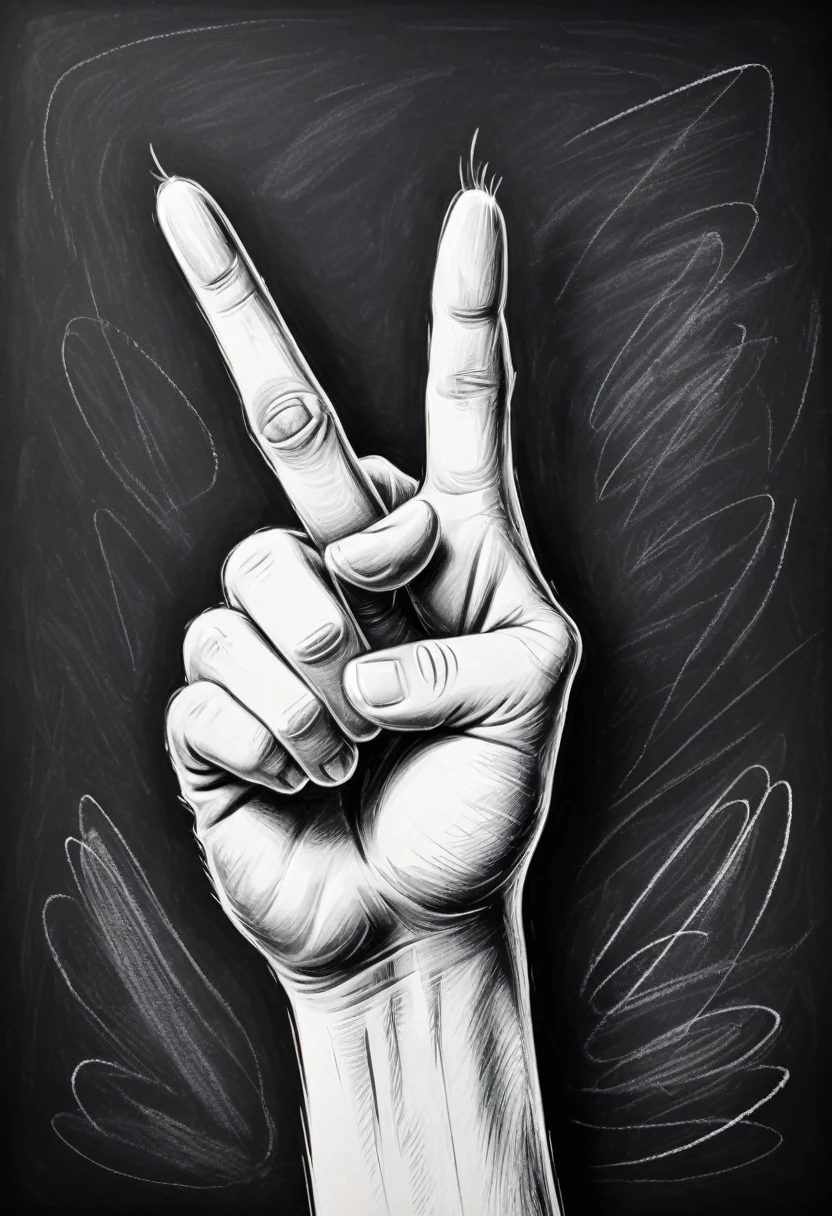 Hand showing middle finger gesture, sketching, drawing with white chalk on black board background. Detailed textures and lines, realistic style.