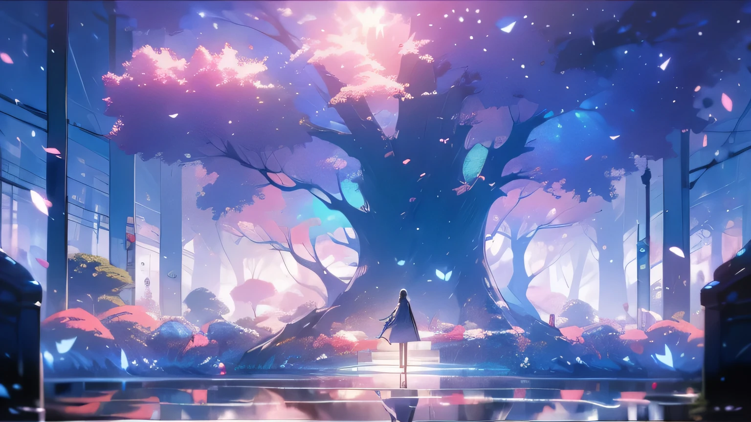 Masterpiece, Best Quality, ultra detailed, illustration, wide angle, The road in the middle and the pink cherry trees on the side of the road, neon lights, composition, balance, harmony, rhythm, color, light, ombre, reflection, refraction, application, contrast, foreground, middle ground, bottom, Naturalist, Figurative, Figurative.
