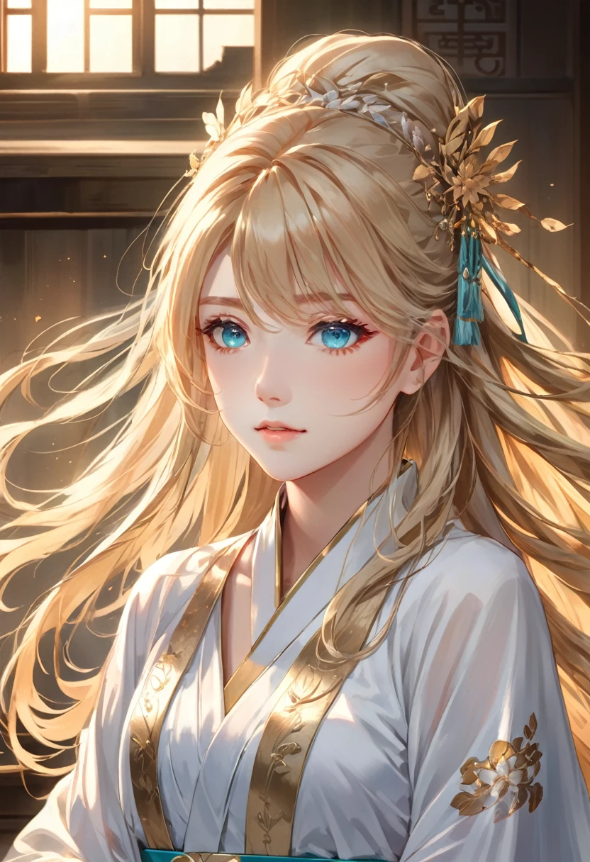 ((Highest quality)), ((masterpiece)), (detailed), ((Perfect Face)), One Girl,Anime girl with long blonde hair and dark turquoise eyes in a white dress, Trending on cgstation, artwork in the style of Gwaiz, Gwaiz, Smooth anime CG art, detailedなデジタルアニメアート, Anime Goddess, Fantasy art style, palace ， Girl in Hanfu, Beautiful young wind spirit, Beautiful Anime Girls, ! Dream Art Germ, Beautiful anime portraits、look up、Looking up