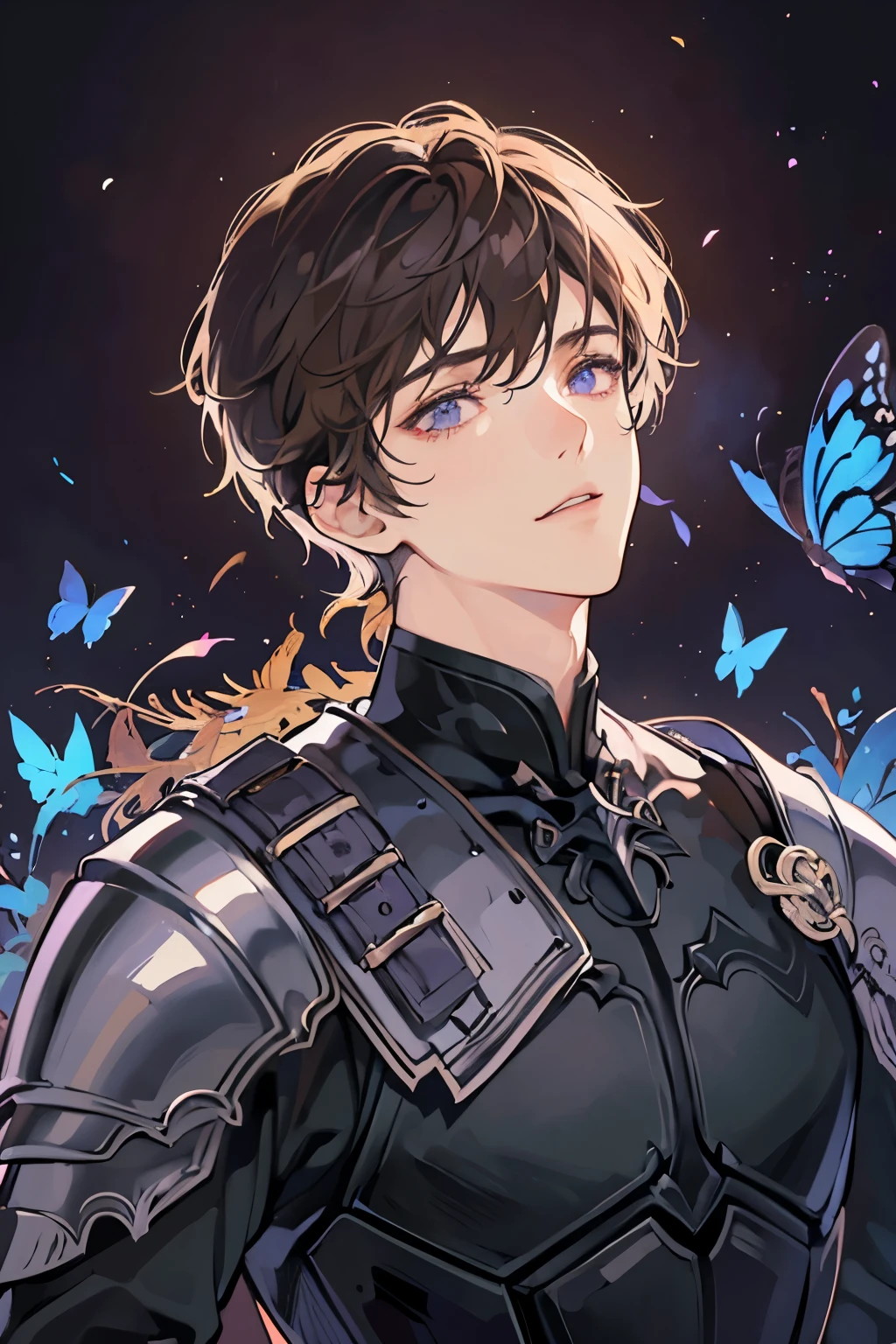 (best quality,absurdres:1.2,highres), detailed, high quality, 1 male, solo, short brown hair, dark brown hair, purple eyes, light smile, armour, knight armour, headshot, looking up, butterflies, glowing butterflies, darkness, empty backgroung, black background, atmospheric lightinghts
