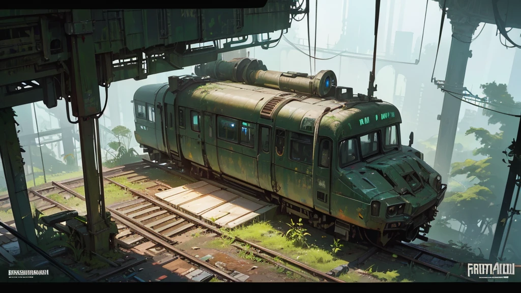 a futuristic and abandoned train station in a european jungle, cyberpunk style, aerial view, intricate details, highly detailed, 8k, photorealistic, cinematic lighting, moody atmosphere, overgrown vegetation, decaying infrastructure, neon lights, rusty metal, steam punk elements, glowing panels, advanced technology, complex machinery, futuristic architecture, dramatic shadows, vibrant colors
