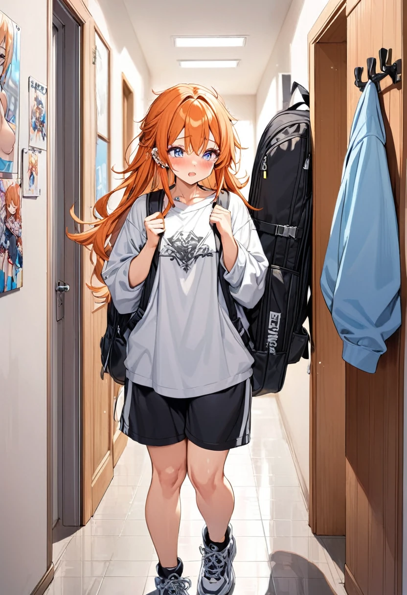 20 year old female, long orange hair, messy hair, perfect eyes, perfect silver irises, perfect pupils, thick thighs, oversized shirt, baggy black sweatpants, large, oversized backpack, many ear piercings, holding backpack straps, flustered, apartment hallway, otaku, standing in door, highly detailed, best detail, best hands, right forearm tattoo, perfect tattoo, perfect hands, perfect fingers, perfect anatomy 