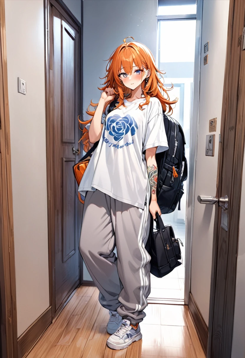 20 year old female, long orange hair, messy hair, perfect eyes, perfect silver irises, perfect pupils, thick thighs, oversized shirt, baggy black sweatpants, large, oversized backpack, many ear piercings, holding backpack straps, flustered, apartment hallway, otaku, standing in door, highly detailed, best detail, best hands, right forearm tattoo, perfect tattoo, perfect hands, perfect fingers, perfect anatomy