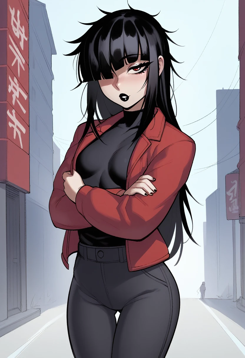 score_9, score_8_up, score_7_up, score_6_up, score_5_up, score_4_up, BREAK 1girl, black hair, messy hair, swept bangs, red eyes, long eyelashes, seductive expression, blunt bangs, short, BREAK solo, small breasts, skinny, arched back, thigh gap, shrine maiden, anime jacket, innocent, lovely, adorable, long hair, hair covering one eye, dark mage, fully clothed, hibakama pants, hakui shirt, yakuza, city street background, black lipstick,