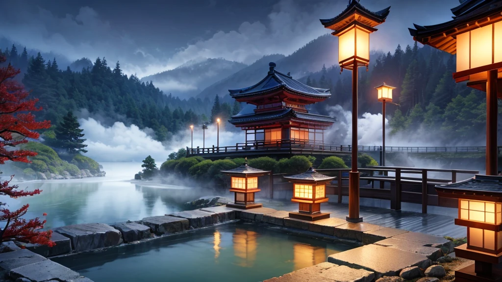 japanes Beautie 8 K RAW Photography Background with Hot spring image fog mist like hakone starly night green