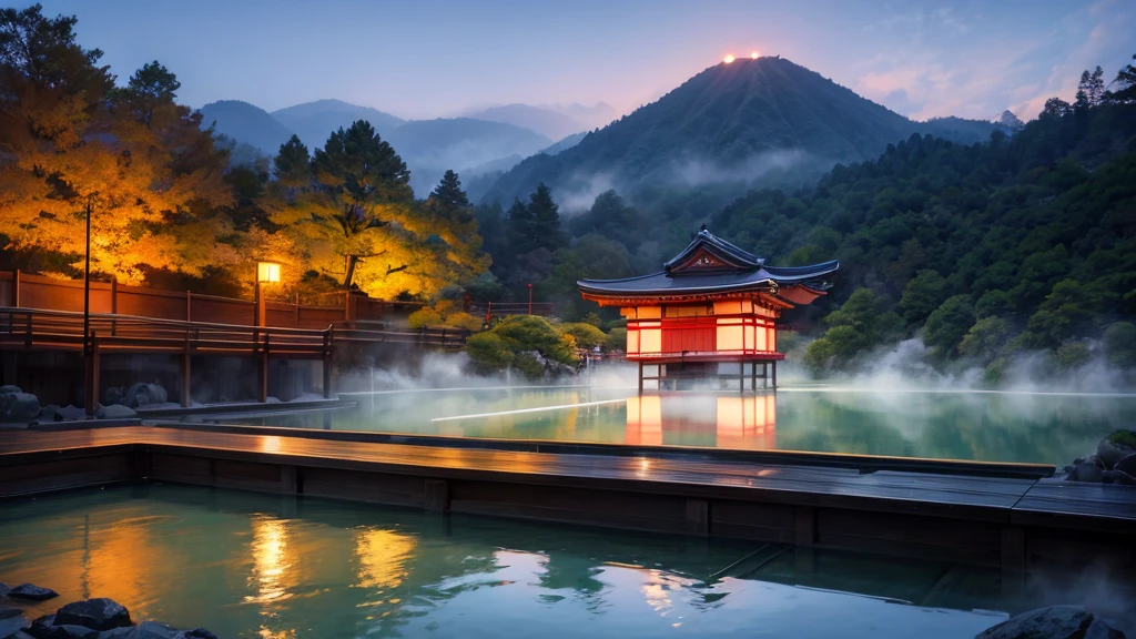 japanes Beautie 8 K RAW Photography Background with Hot spring image fog mist like hakone starly night green