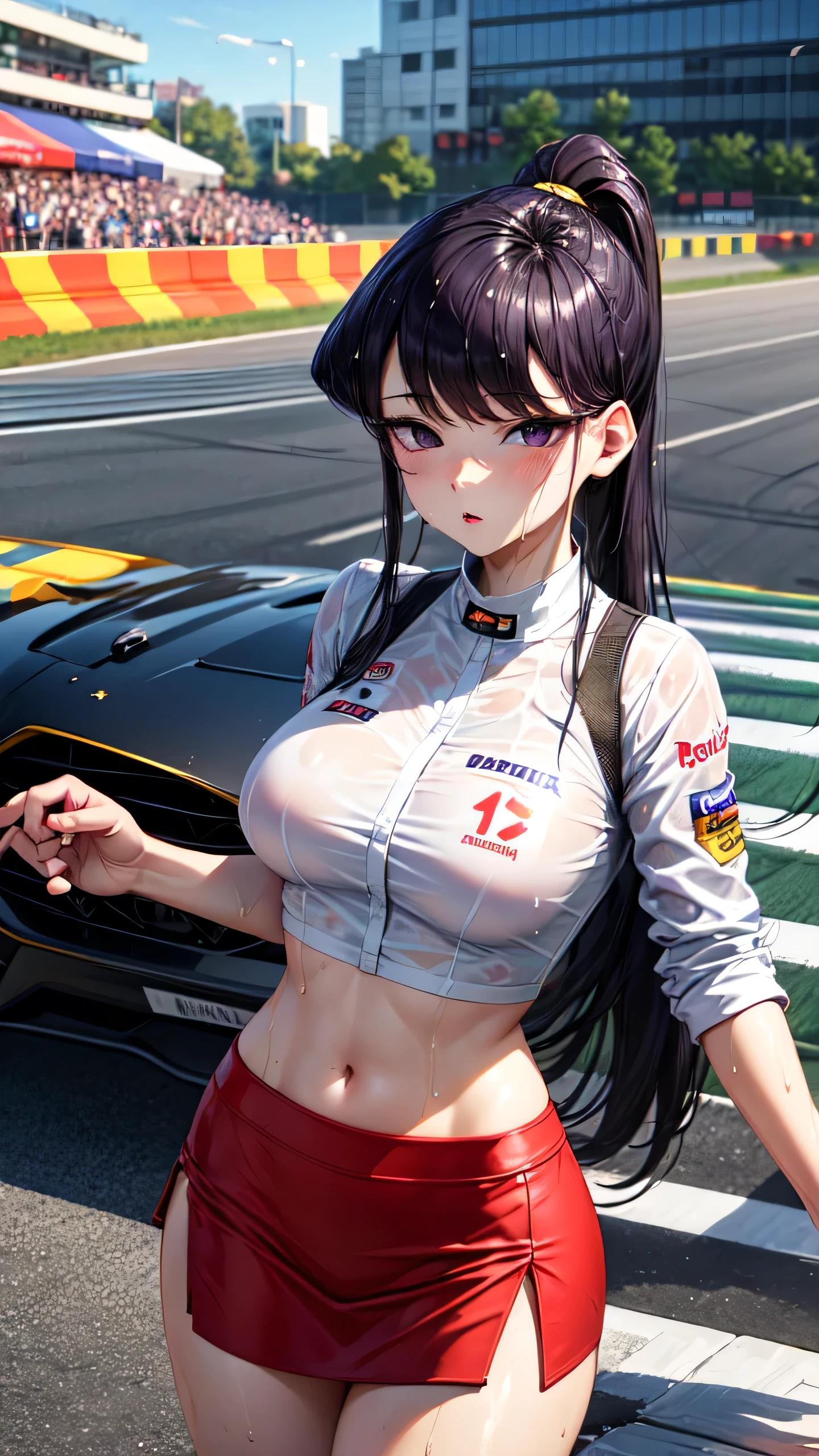 ((perfect hands)), ((perfect anatomy)), (((komi_shouko))), purple hair, ponytail, purple eyes, large breast, wet body, race queen, unbottened shirt with red bull logos, dark blue mini skirt, street race circuit, standing next to a race sport car, enamel, blush