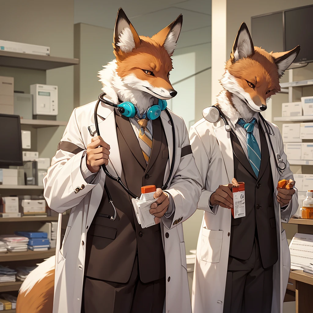 A fox animal who is dressed as a doctor and is a pharmacist. Around his neck is a medical stethoscope and his tail is seen with all beauty and dignity.