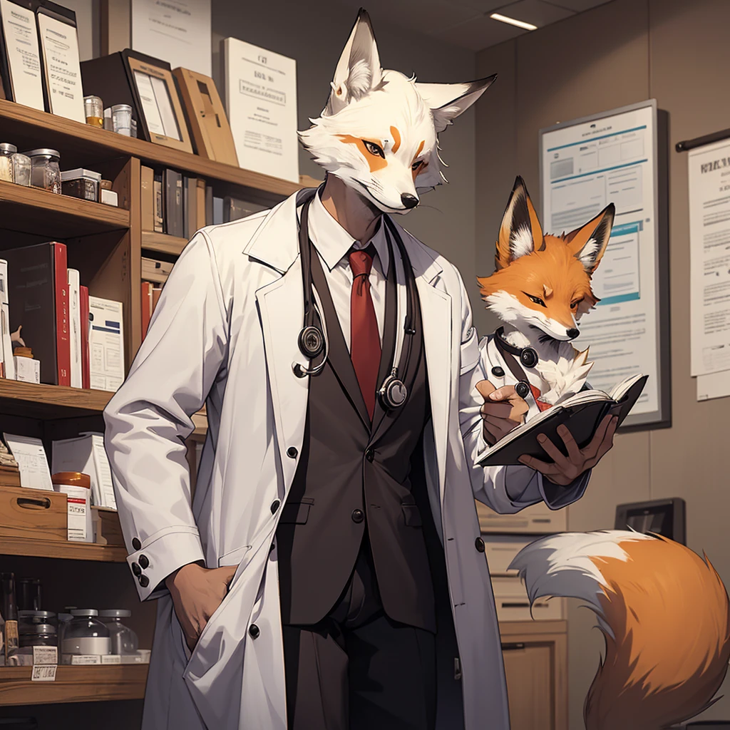 A fox animal who is dressed as a doctor and is a pharmacist. Around his neck is a medical stethoscope and his tail is seen with all beauty and dignity.