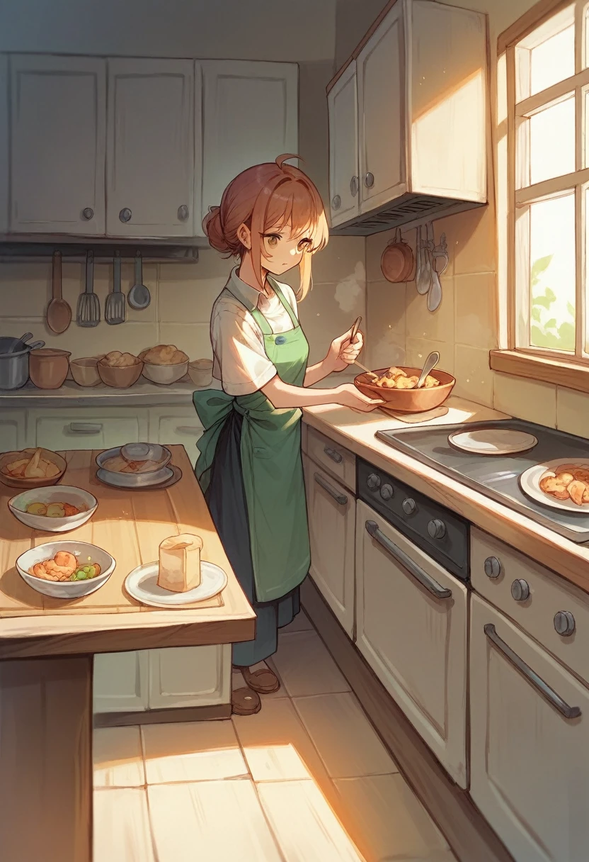 Create the image of a girl , clean the kitchen, in 3 perspective, 正面, side and back