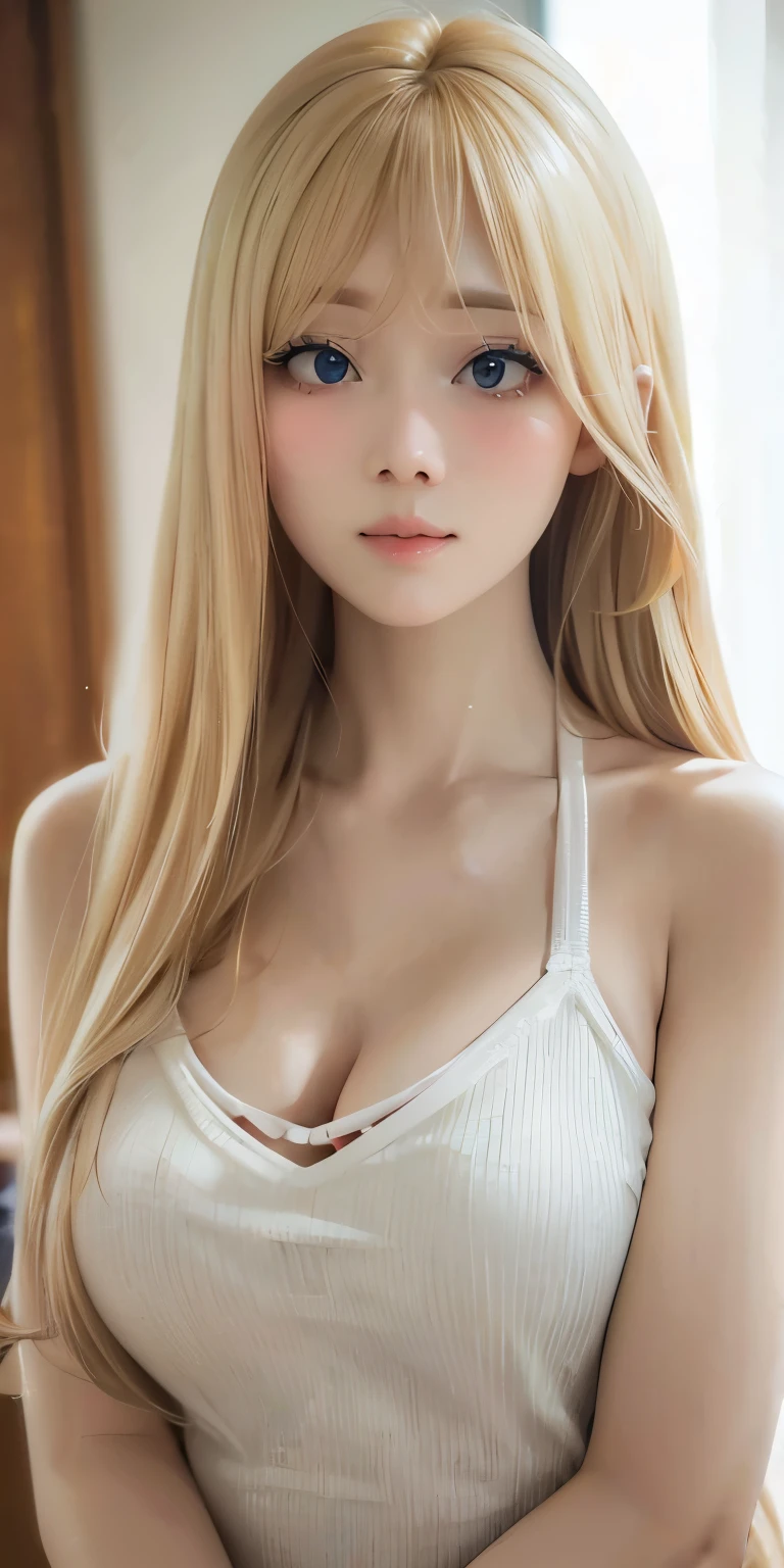 housewife adult woman, long neck, blonde hair, long hair, bangs, casual clothes, cleavage, soft light, high quality, 4k resolution