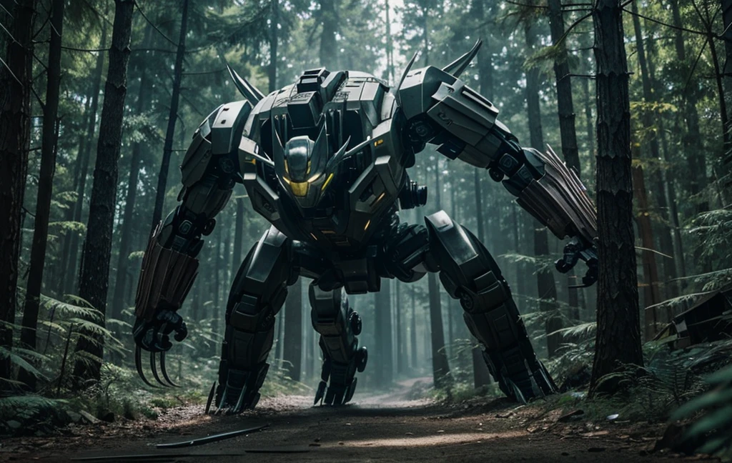 Wolverine weapon x escaping in cyberpunk being hunted by robots in the realistic forest, well detailed in 8k
