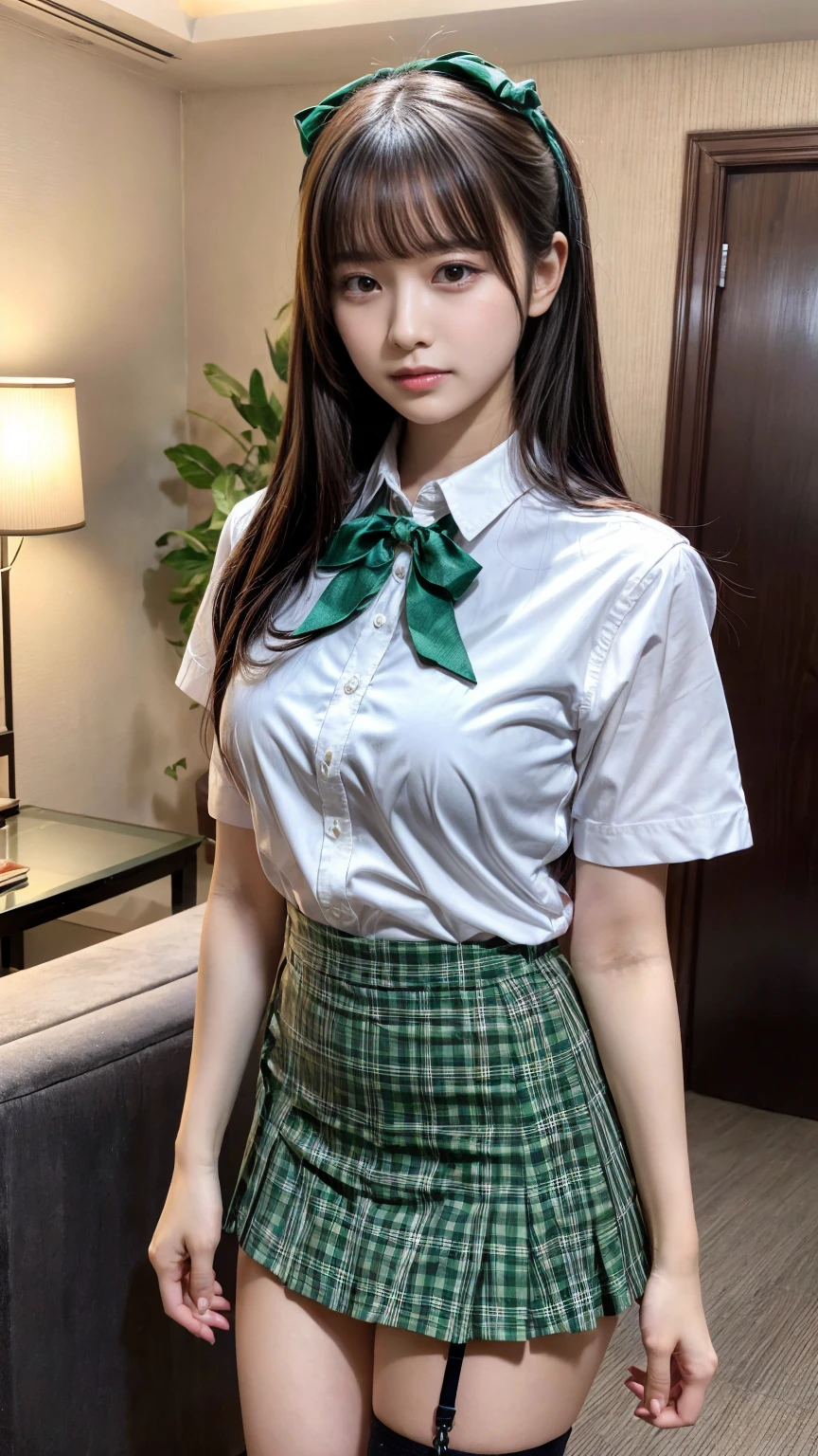 masterpiece, best quality, illustration, Super detailed, fine details, High resolution, 8K,wall paper, perfect dynamic composition,(Details High quality, realistic depiction of eyes:1.3), straight hair, ,white shirt), green plaid short skirt, green ribbon, black hair color, Big Natural Color Lip, hotel room, crying a little、 Harajuku style、20 year old girl、cute type、ta, Gravure Idol, full body photo、focus on crotch, huge breasts