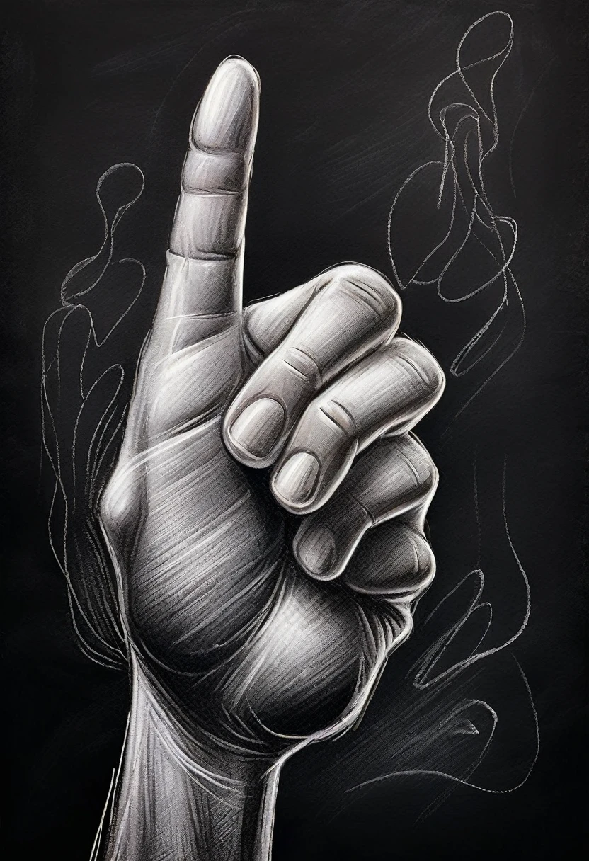 Hand showing middle finger gesture, sketching, drawing with white chalk on black board background. Detailed textures and lines, realistic style.