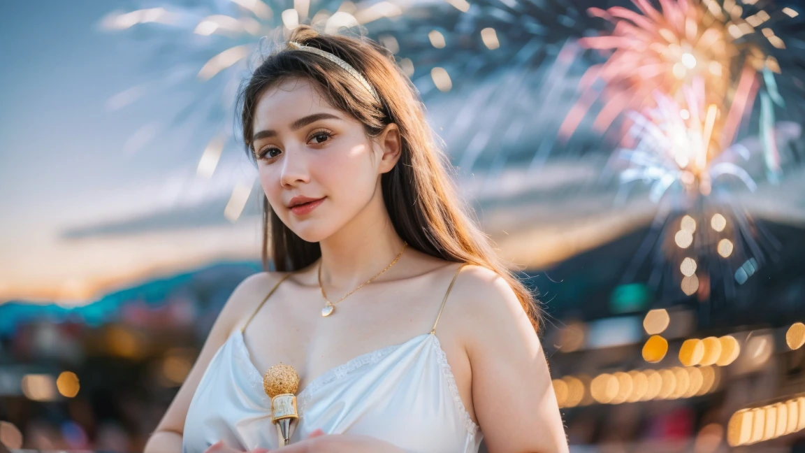 Adorable , Gorgeous , Beautiful , Russian Baby Face , Large Colossal Chest , 20 Years Old , White Skin , Slip Dress , Top of The Mountain Background , Wind , Tighten Breast , ((Bokeh:1.1)) , Grey Eye , ((White-Gold Coloured)) , ((Firework:1.1)) , ((Night:1.3)) , Standing Pose , HDR , Ultra Detailed , EF 24-70mm f/2.8L II USM , Look at Viewers