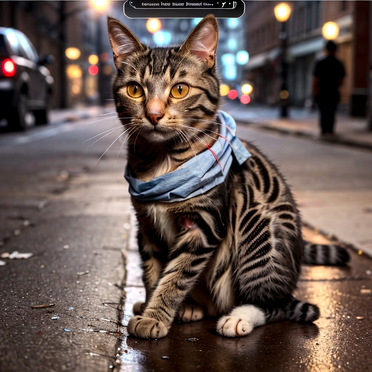 Create an ultra-detailed, best quality, high-resolution masterpiece, abandoned cat on the street crying with a bandage on its paw and red from the wound
