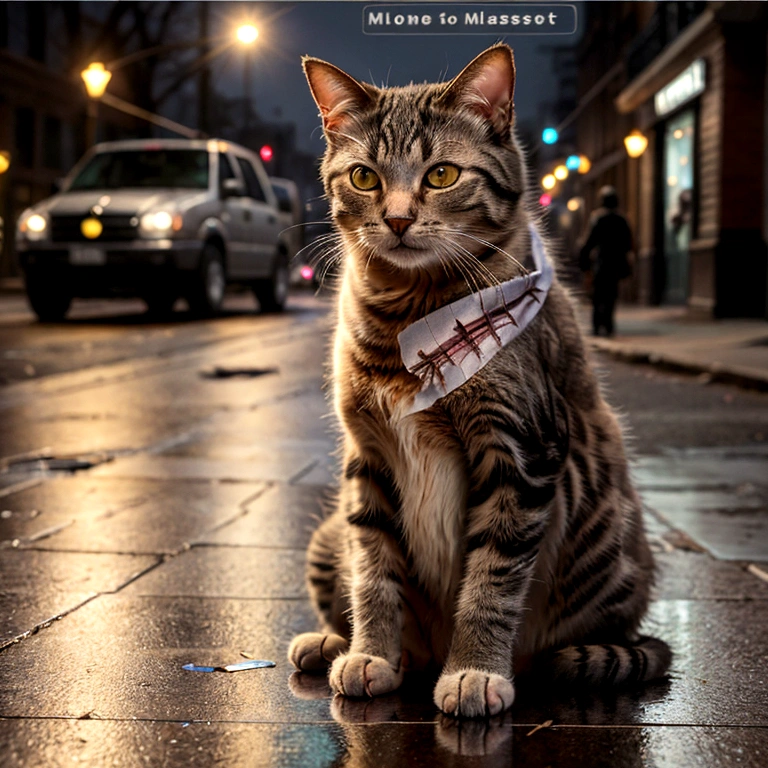 Create an ultra-detailed, best quality, high-resolution masterpiece, abandoned cat on the street crying with a bandage on its paw and red from the wound