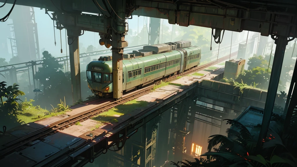 a futuristic and abandoned train station in a european jungle, cyberpunk style, aerial view, intricate details, highly detailed, 8k, photorealistic, cinematic lighting, moody atmosphere, overgrown vegetation, decaying infrastructure, neon lights, rusty metal, steam punk elements, glowing panels, advanced technology, complex machinery, futuristic architecture, dramatic shadows, vibrant colors