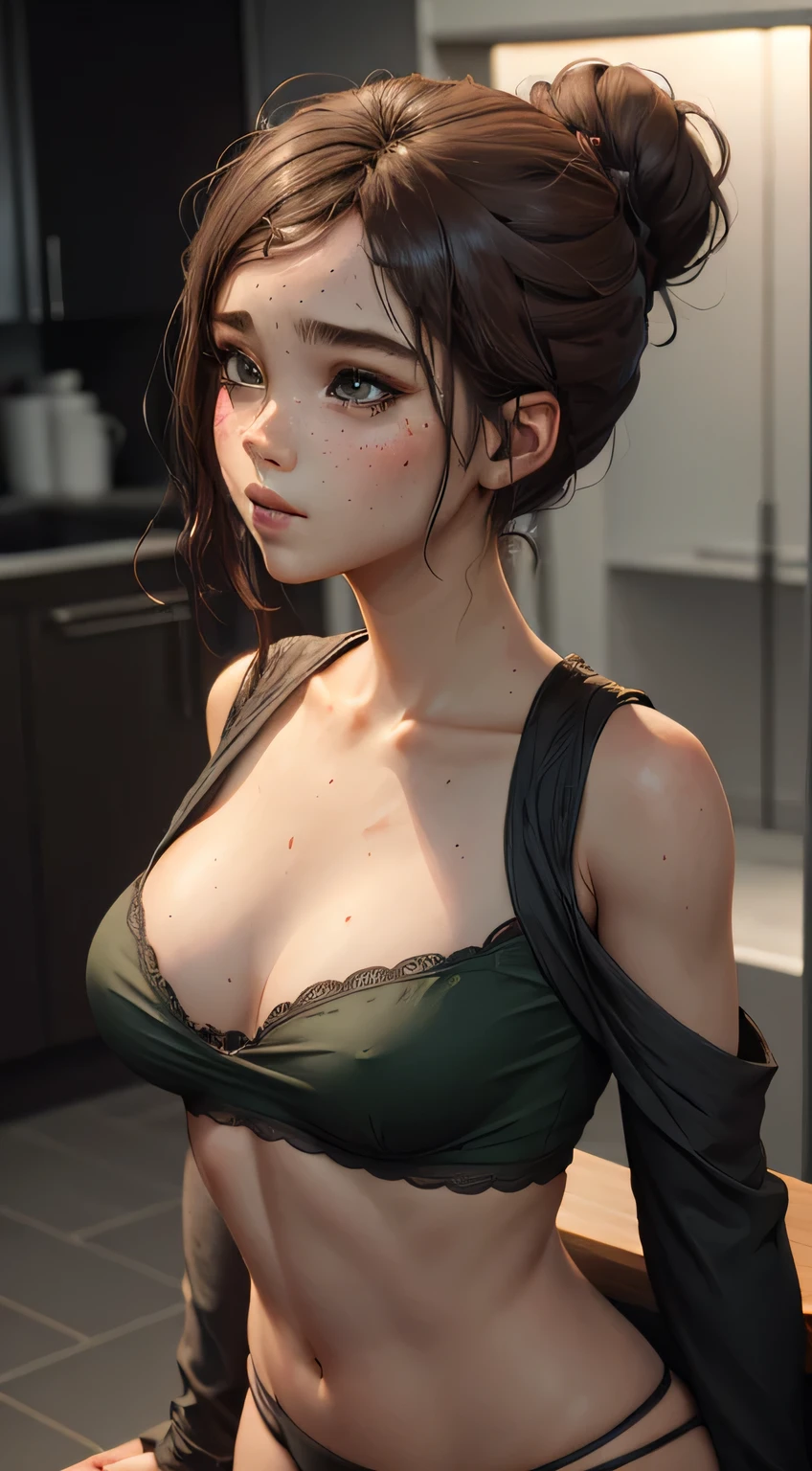 Sexy woman, black hair tied in a messy bun, amazing makeup, blushing intensely, flustered, lustful, perfect lips parted, black blouse, sheer dark green saree, hot