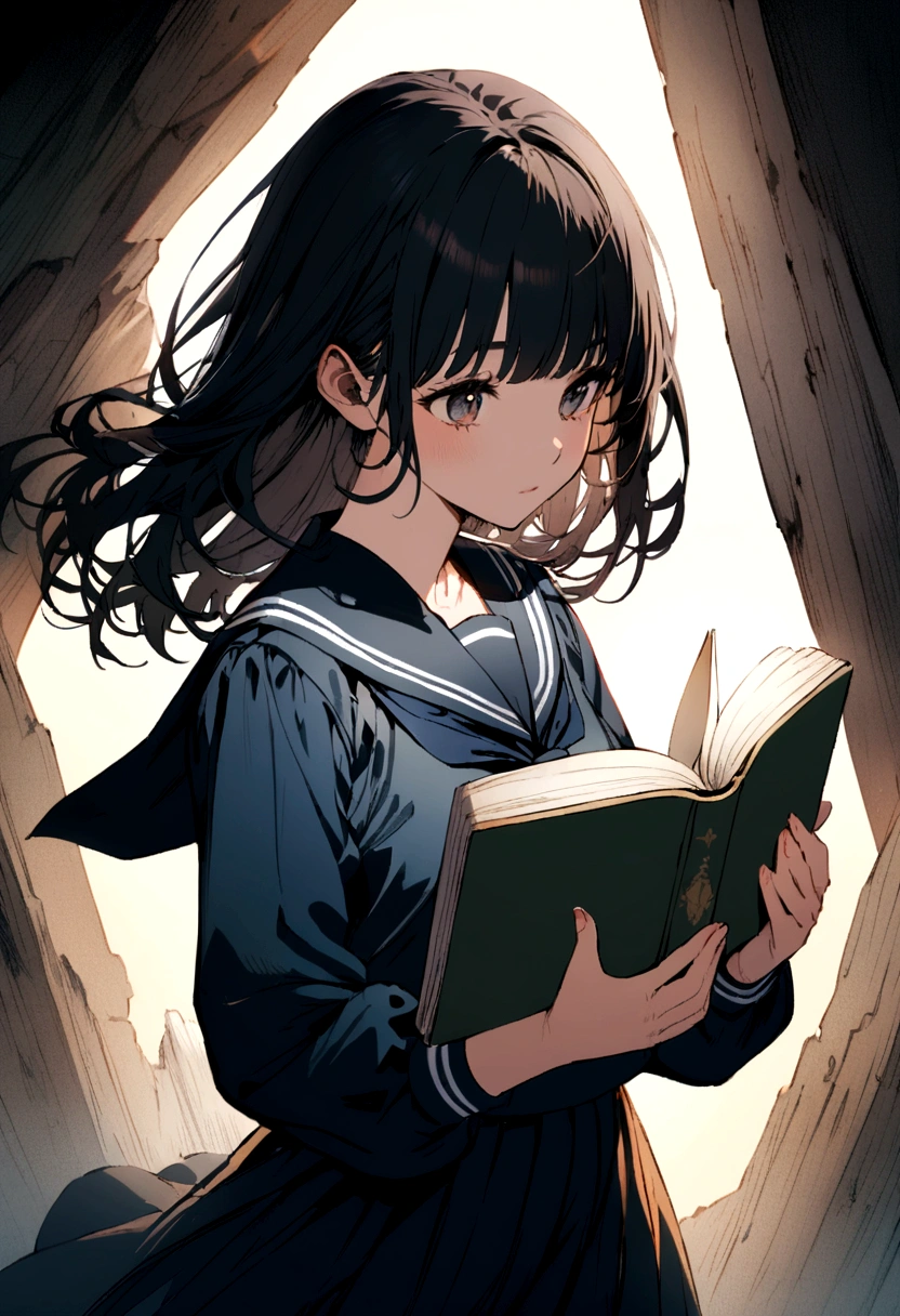 A black haired girl wearing a sailor fuku while holding a book in her hands while the background was white 