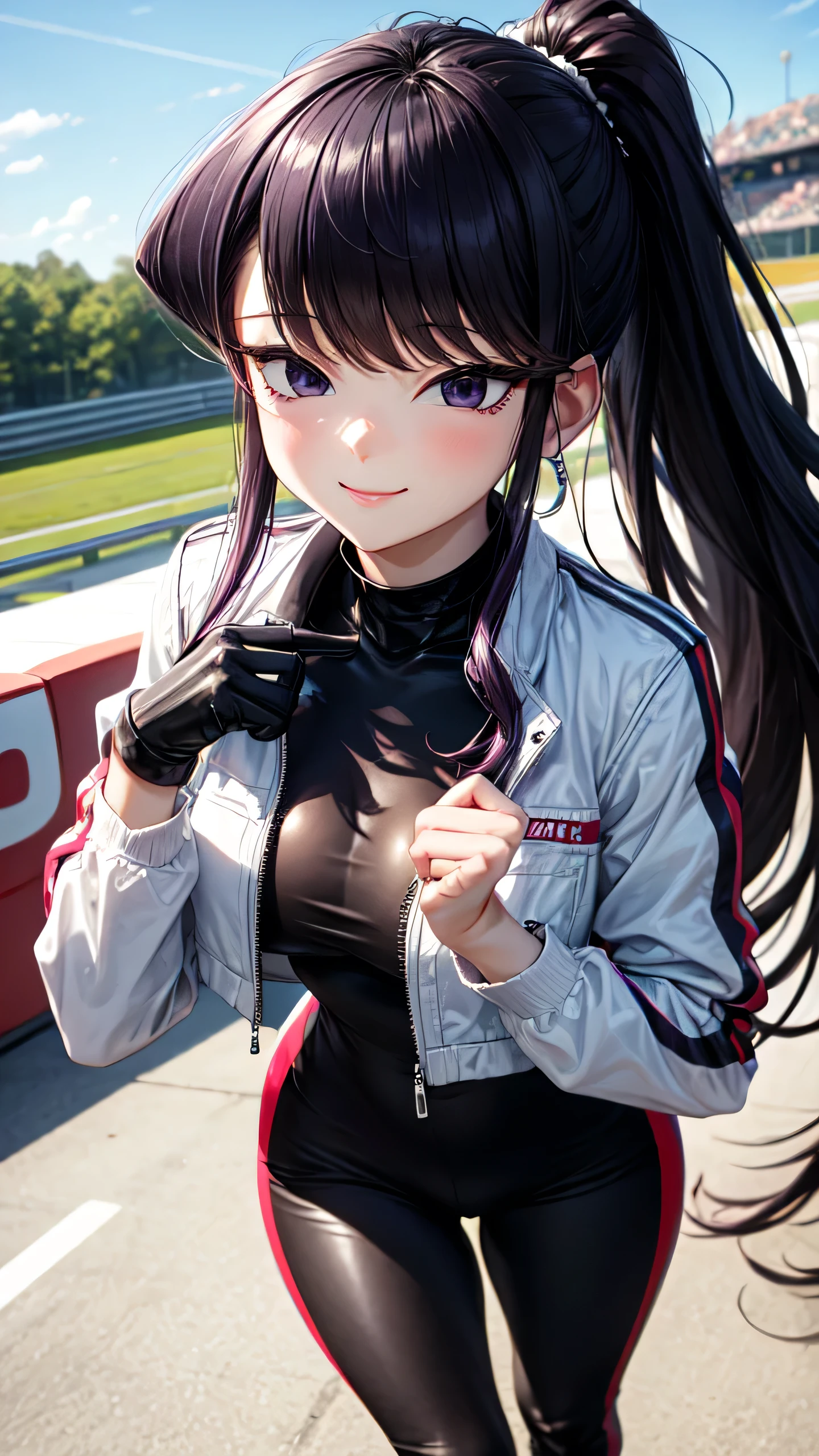((perfect hands)), ((perfect anatomy)), (((komi_shouko))), purple hair, ponytail, purple eyes, large breast, sports racing car, race track background, smiling, Porsche, sunny, blue sky, detailed hair, sit, 1girl, closed mouth, smile, black bodysuit, cropped jacket, white jacket, long sleeves, two-tone gloves, thigh boots, close up