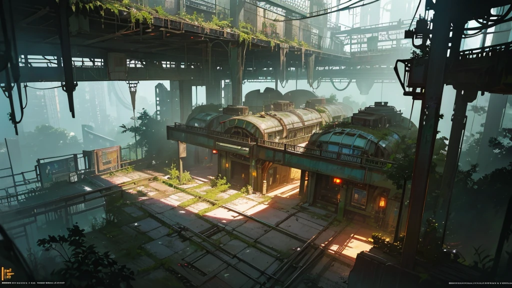 a futuristic and abandoned train station in a european jungle, cyberpunk style, aerial view, intricate details, highly detailed, 8k, photorealistic, cinematic lighting, moody atmosphere, overgrown vegetation, decaying infrastructure, neon lights, rusty metal, steam punk elements, glowing panels, advanced technology, complex machinery, futuristic architecture, dramatic shadows, vibrant colors