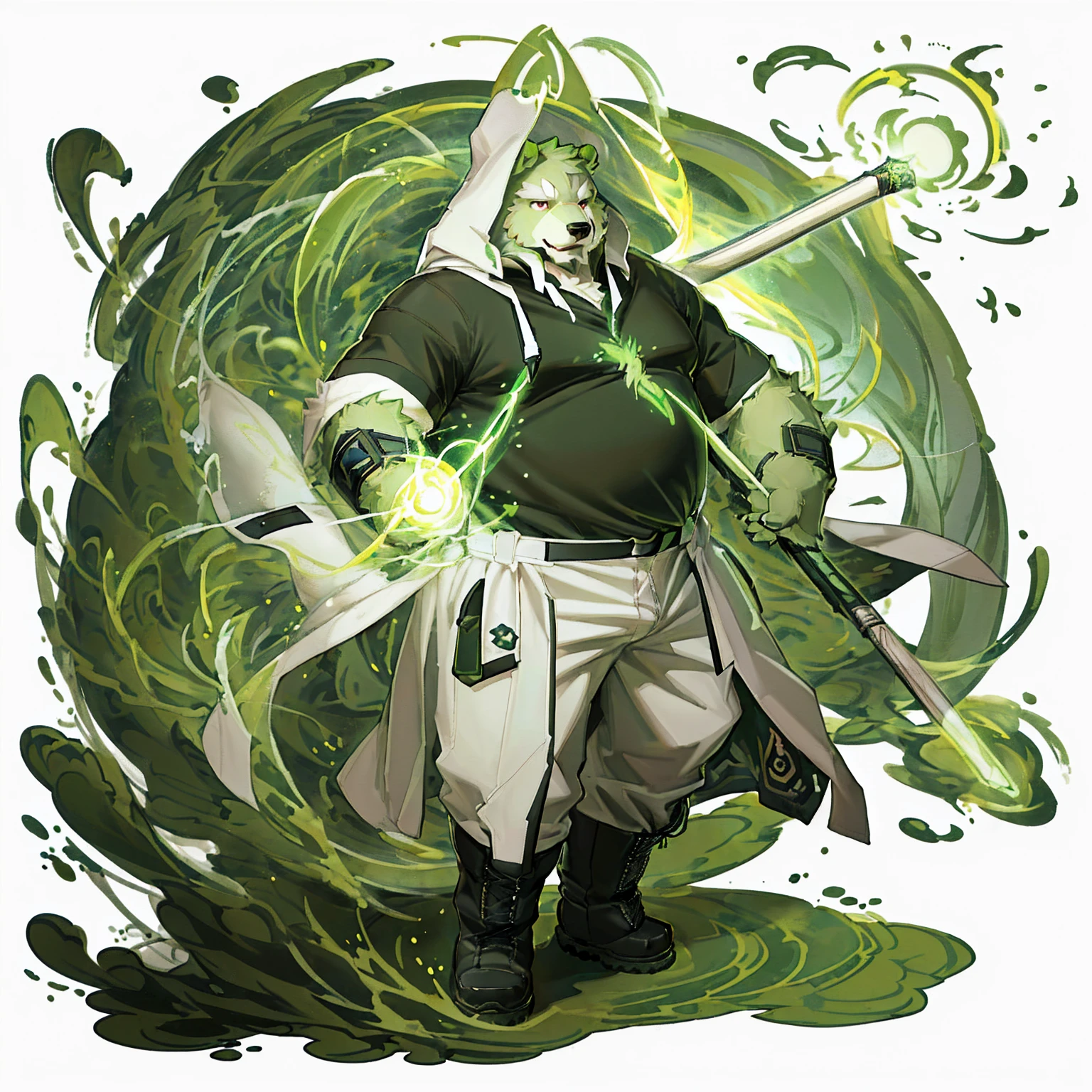 anthro, kemono, male, solo, (((anthro bear))), (((green bear))), (((green fur))), green hair, red eyes, beard, white eyebrows, mature, white background,  mage staff, magic, ((((black t-shirt inside), (((white long coat unhooded))), gray trousers, military boots))), full body, splash art, 