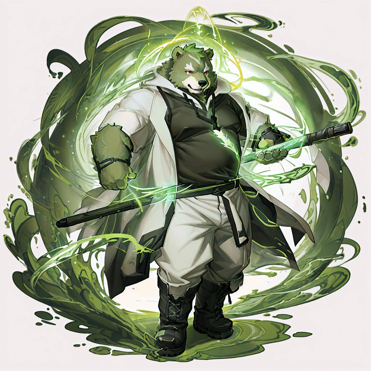 anthro, kemono, male, solo, (((anthro bear))), (((green bear))), (((green fur))), green hair, red eyes, beard, white eyebrows, mature, white background,  mage staff, magic, ((((black t-shirt inside), (((white long coat unhooded))), gray trousers, military boots))), full body, splash art, 