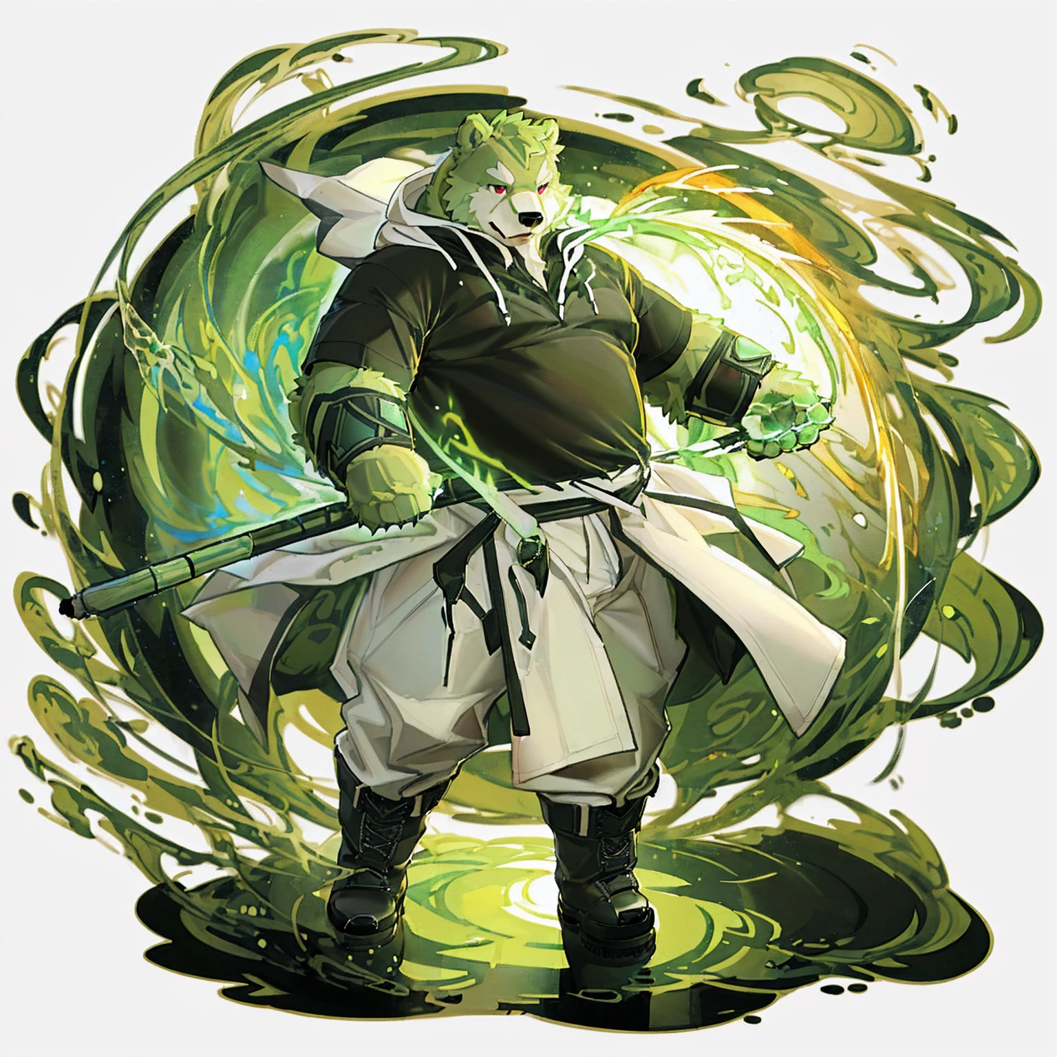 anthro, kemono, male, solo, (((anthro bear))), (((green bear))), (((green fur))), green hair, red eyes, beard, white eyebrows, mature, white background, mage staff, magic, ((((black t-shirt inside), (((white long coat unhooded))), gray trousers, military boots))), full body, splash art,