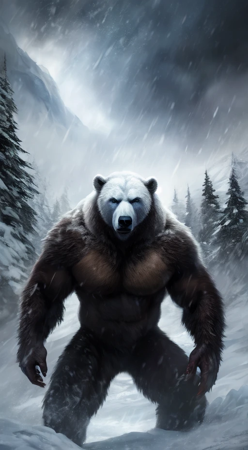 Polar bear stands looking at the sky Medium muscular, frozen planet setting, snowstorm , zoomed in on ??????, , chunie, darkgem,Monstrous blizzard with the fierce face of a bear,engulfed in whiteout conditions,swirling snow,and buffeting winds. Cinematic,mysterious,sinister,scary,wild,deadly,and beastly. A nightmarish masterpiece.,