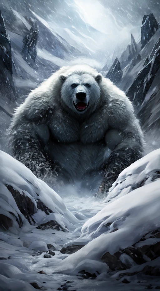Polar bear stands looking at the sky Medium muscular, frozen planet setting, snowstorm , zoomed in on crotch, , chunie, darkgem,Monstrous blizzard with the fierce face of a bear,engulfed in whiteout conditions,swirling snow,and buffeting winds. Cinematic,mysterious,sinister,scary,wild,deadly,and beastly. A nightmarish masterpiece.,
