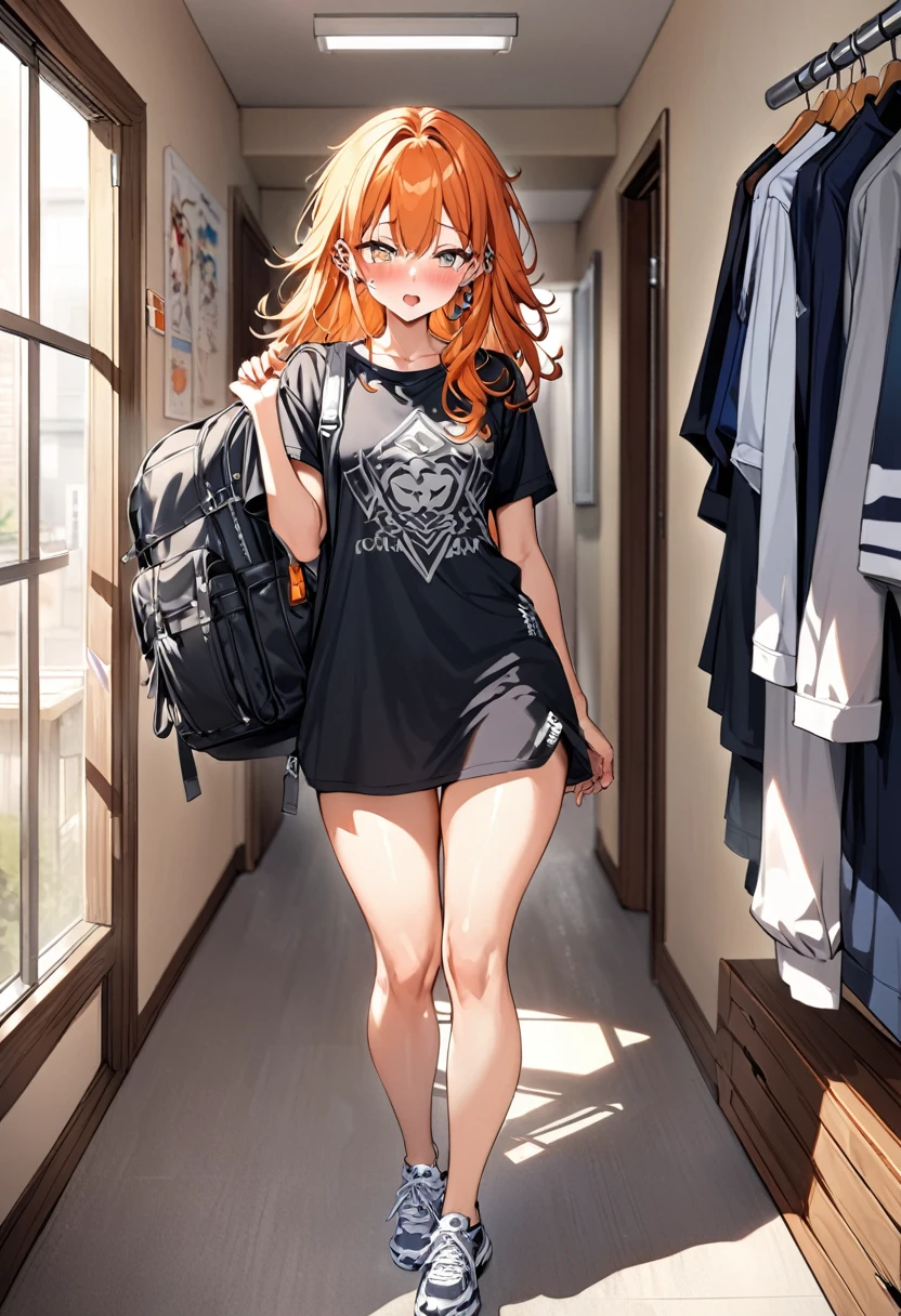 20 year old female, long orange hair, messy hair, perfect eyes, perfect silver irises, perfect pupils, thick thighs, oversized shirt, baggy black sweatpants, large, oversized backpack, many ear piercings, holding backpack straps, flustered, apartment hallway, otaku, standing in door, highly detailed, best detail, best hands, right forearm tattoo, perfect tattoo, perfect hands, perfect fingers, perfect anatomy 