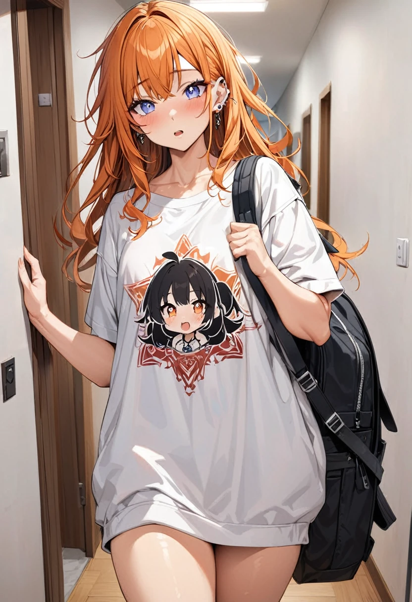 20 year old female, long orange hair, messy hair, perfect eyes, perfect silver irises, perfect pupils, thick thighs, oversized shirt, baggy black sweatpants, large, oversized backpack, many ear piercings, holding backpack straps, flustered, apartment hallway, otaku, standing in door, highly detailed, best detail, best hands, right forearm tattoo, perfect tattoo, perfect hands, perfect fingers, perfect anatomy