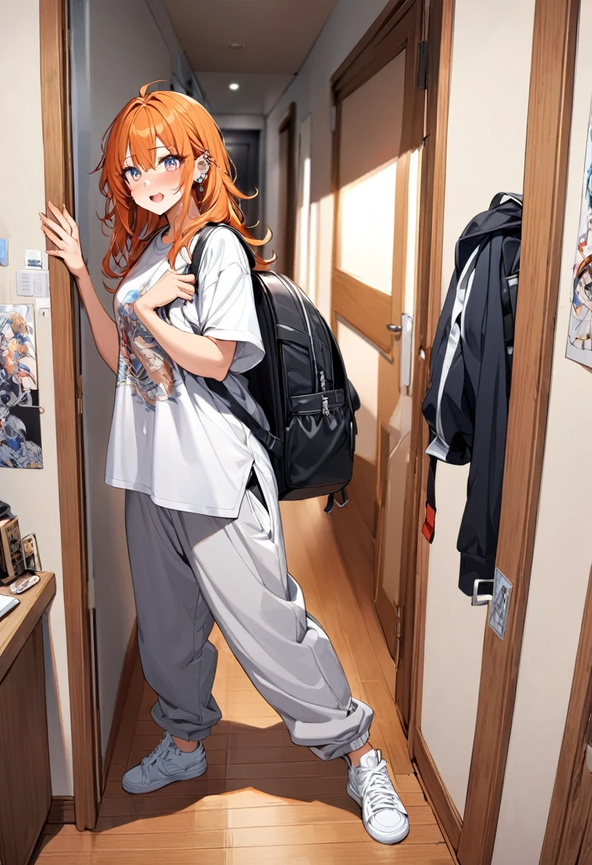 20 year old female, long orange hair, messy hair, perfect eyes, perfect silver irises, perfect pupils, thick thighs, oversized shirt, baggy black sweatpants, large, oversized backpack, many ear piercings, holding backpack straps, flustered, apartment hallway, otaku, standing in door, highly detailed, best detail, best hands, right forearm tattoo, perfect tattoo, perfect hands, perfect fingers, perfect anatomy