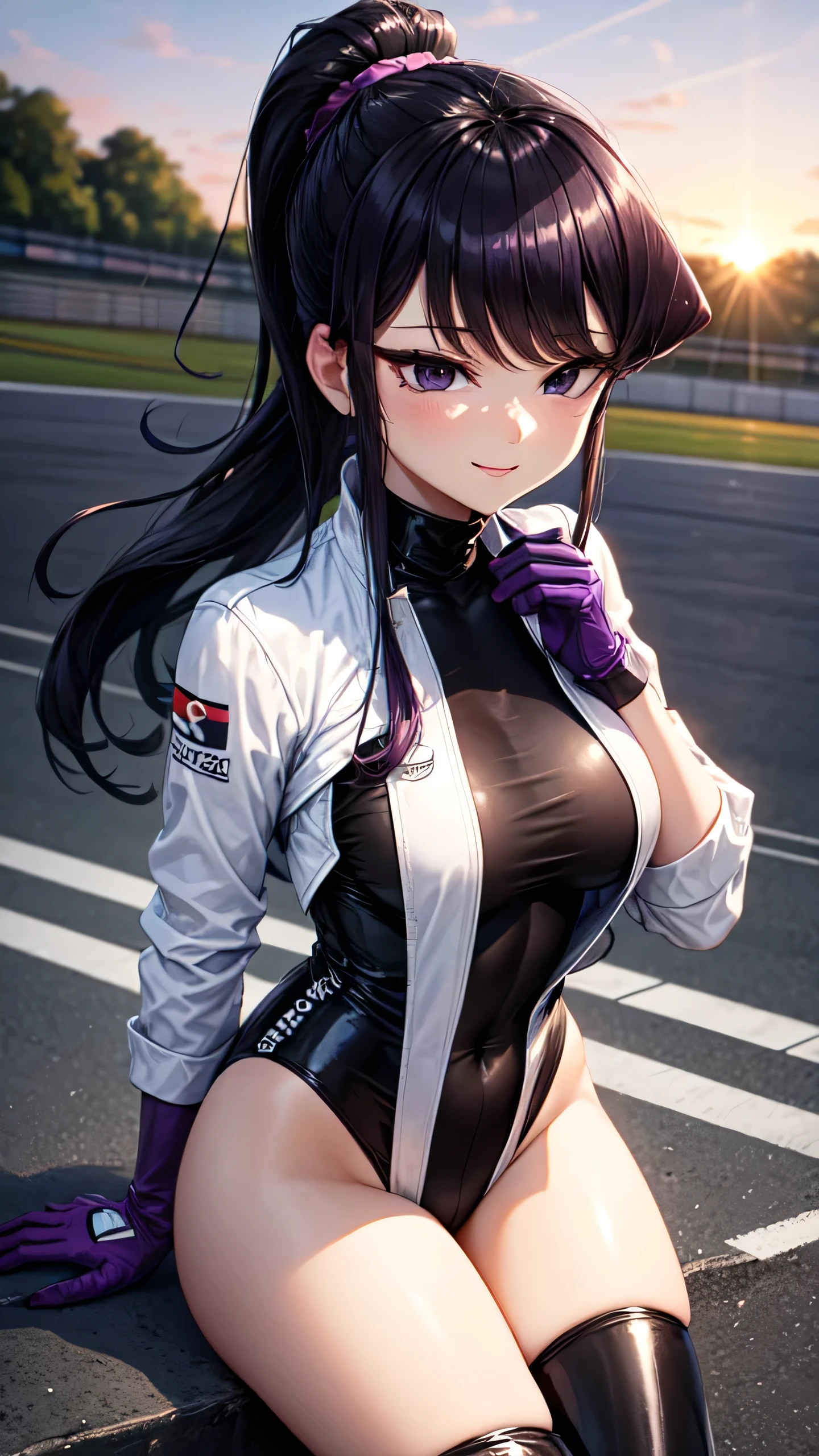 ((perfect hands)), ((perfect anatomy)), (((komi_shouko))), purple hair, ponytail, purple eyes, large breast, sports racing car, race track background, smiling, Porsche, sunset, blue sky, detailed hair, sit, 1girl, closed mouth, black bodysuit, cropped jacket, white jacket, long sleeves, two-tone gloves, thigh boots, close up