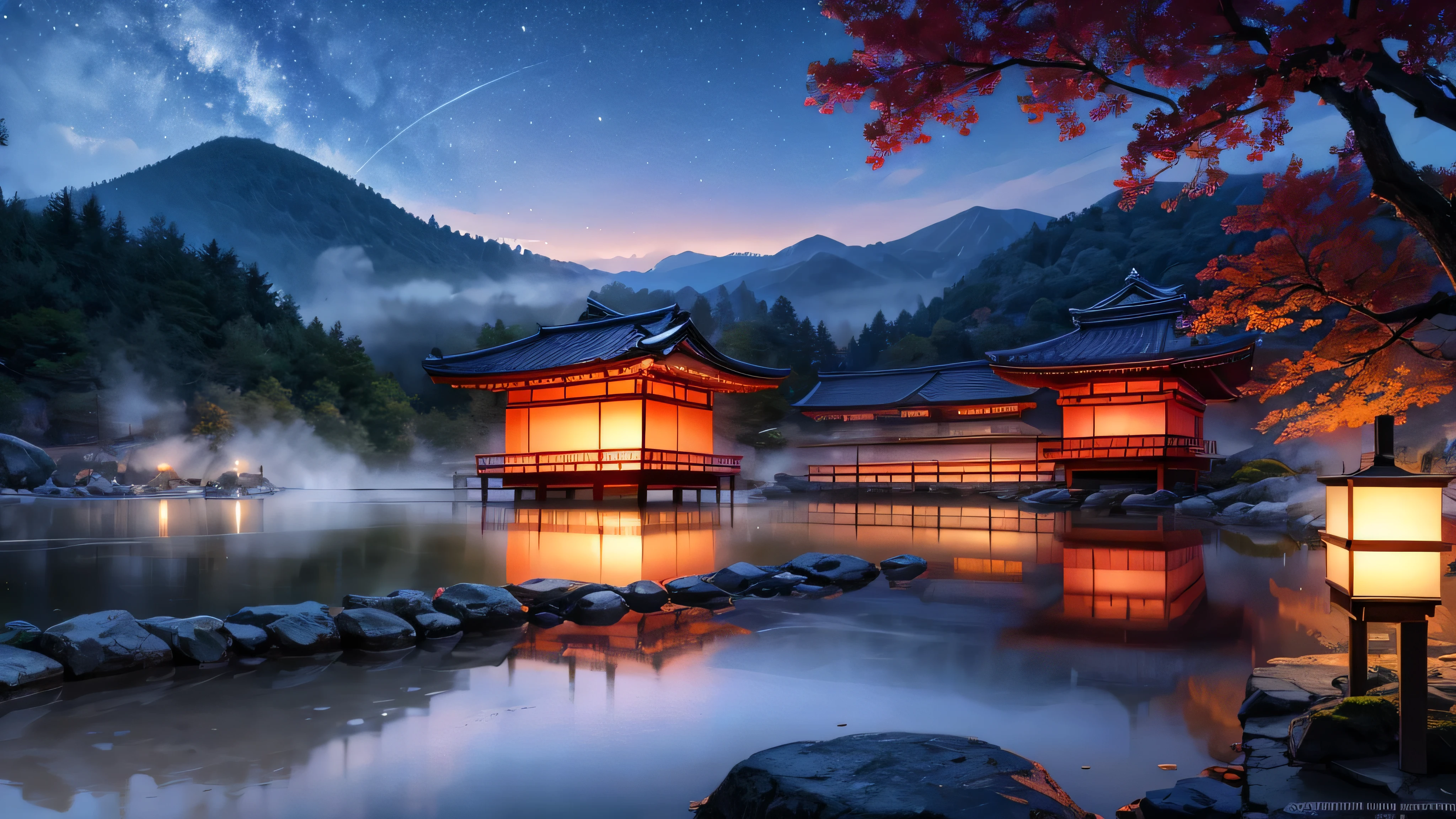 japanes Beautie 8 K RAW Photography Background with Hot spring image fog mist like hakone starly night