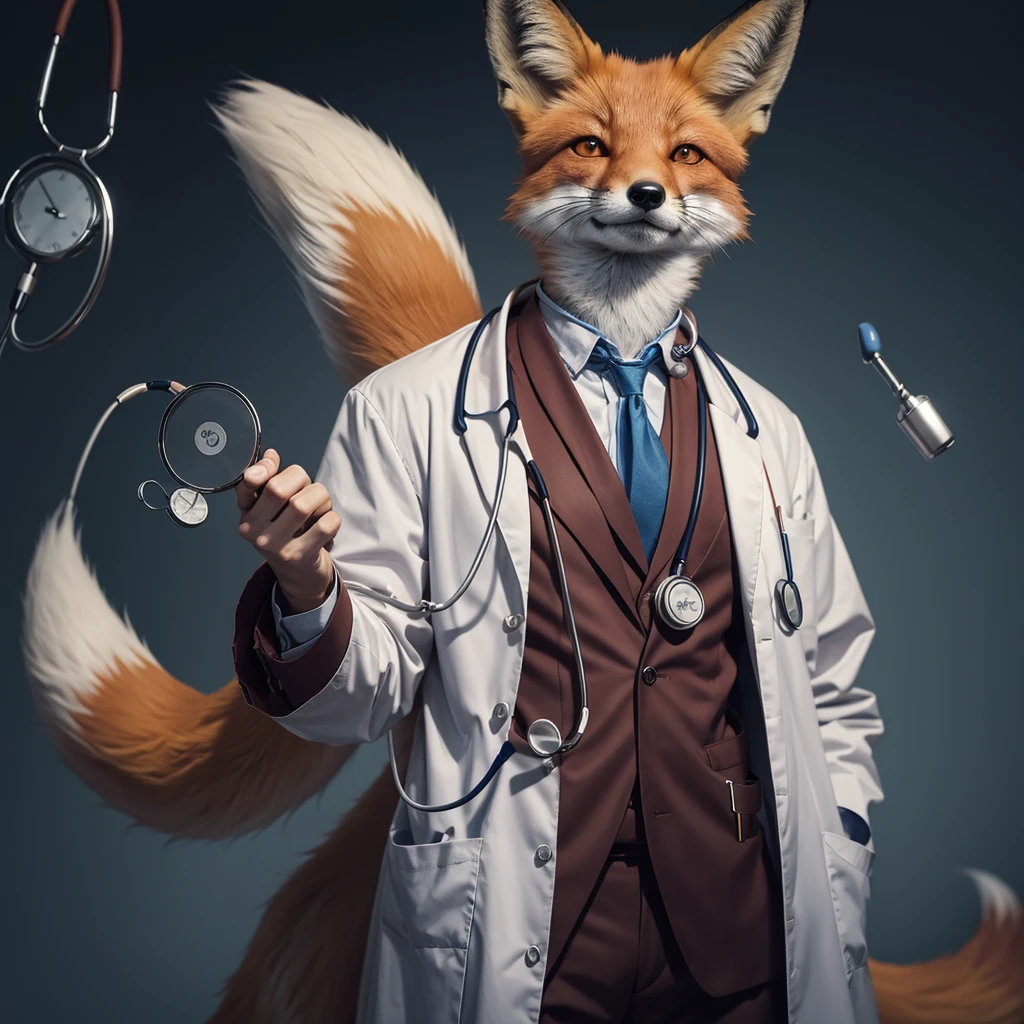 A fox animal who is dressed as a doctor and is a pharmacist. Around his neck is a medical stethoscope and his tail is seen with all beauty and dignity.
