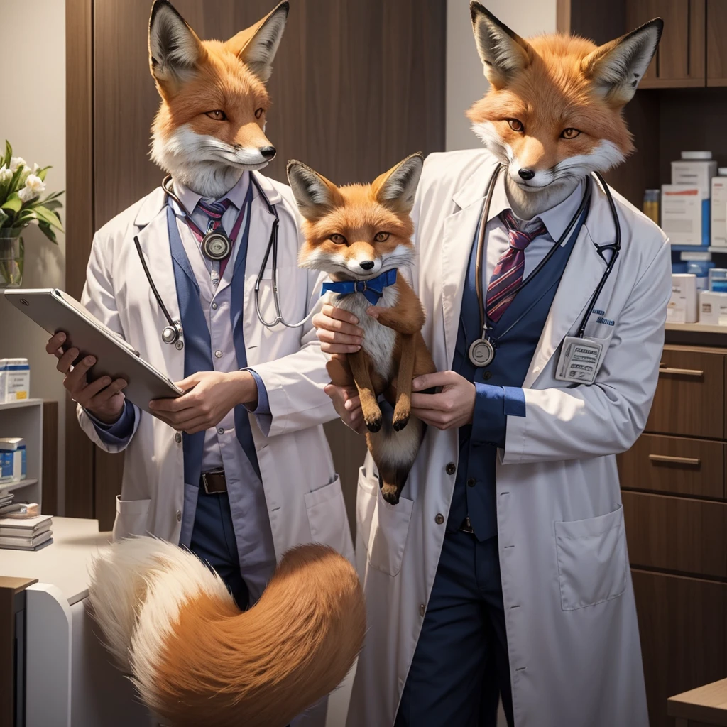A fox animal who is dressed as a doctor and is a pharmacist. Around his neck is a medical stethoscope and his tail is seen with all beauty and dignity.