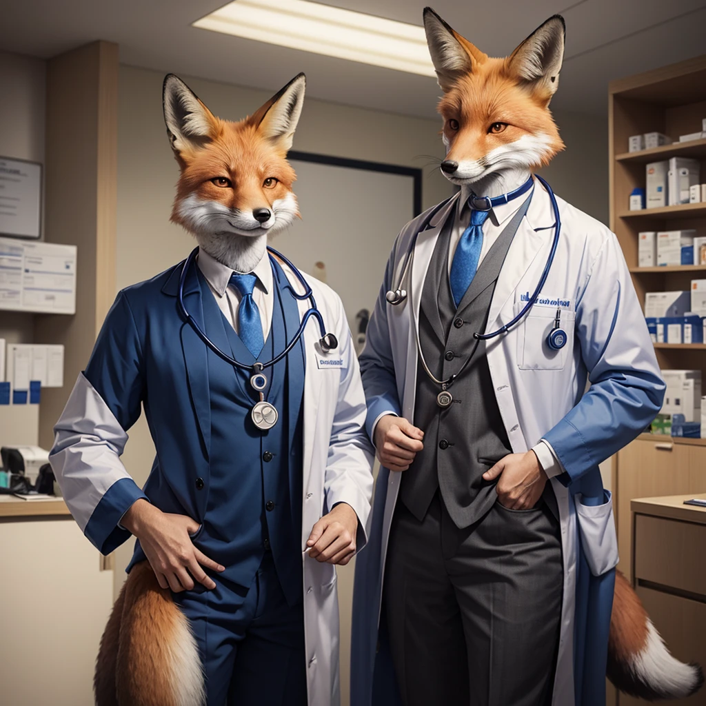 A fox animal who is dressed as a doctor and is a pharmacist. Around his neck is a medical stethoscope and his tail is seen with all beauty and dignity.