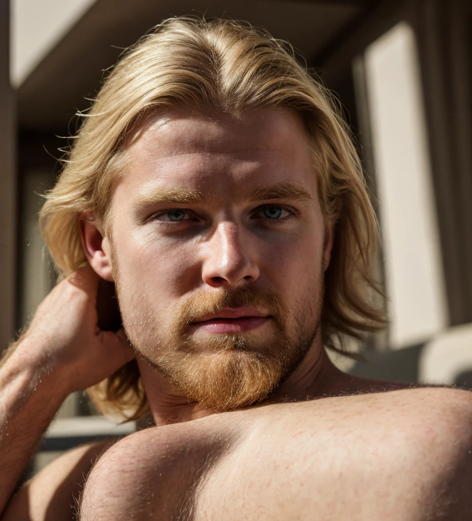 (masterpiece, best quality, high resolution:1.4), 1man, skin pores texture, Hair blonde, HD, Photography, Realistic, (8k, RAW photo, best quality, masterpiece:1.2), (photo-realistic:1.33), best quality, detailed eyes silver, cute, natural lighting, depth of field, film grain, sharp, detailed, (freckles:0.5) , outside, soft natural lighting, dramatic lighting, photo realism, ultra-detailed, -------- 35yo man, pale skin, muscular, hairy body, blonde messy hair, sitting laid back with legs open, scruffy beard