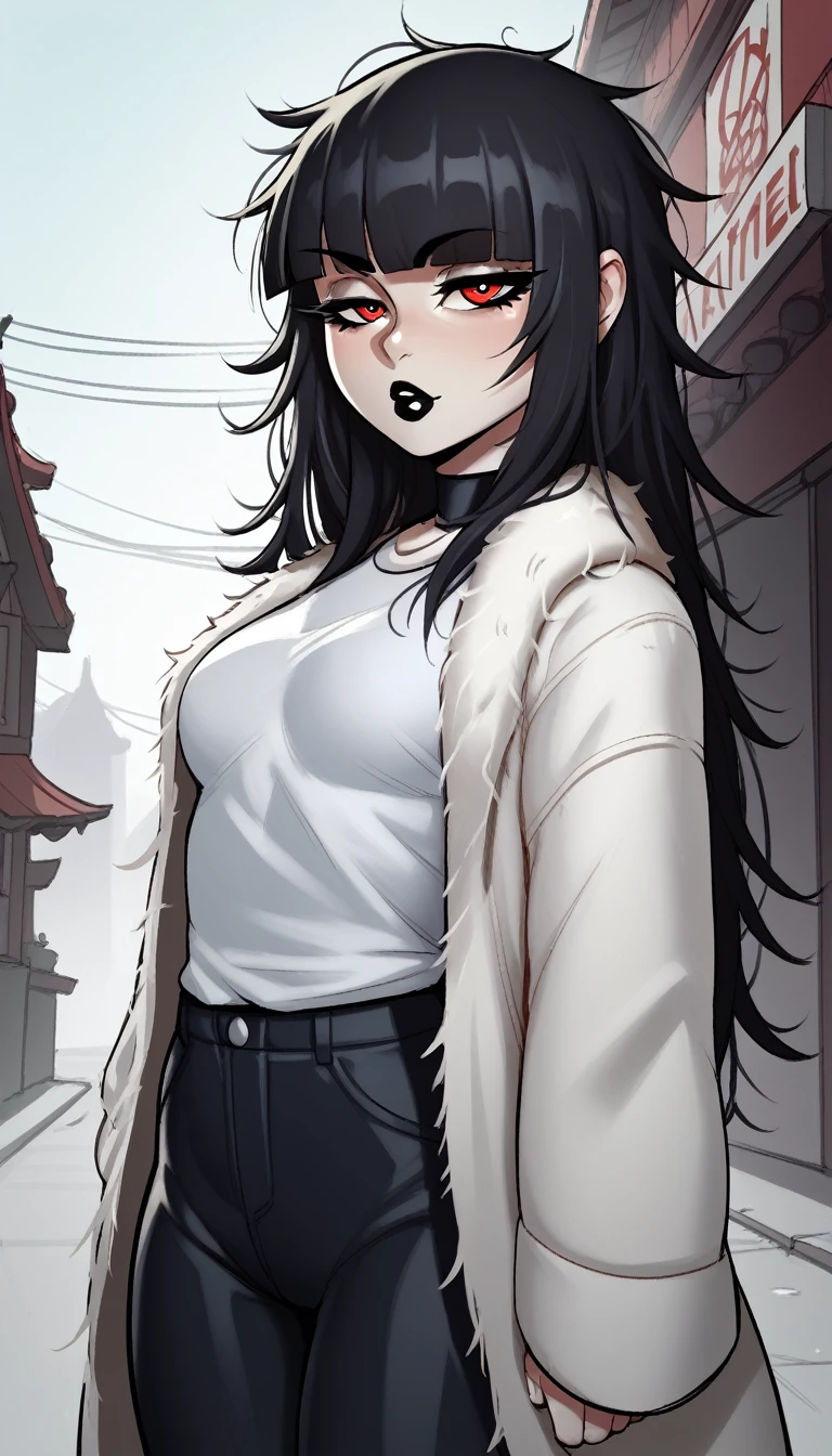 score_9, score_8_up, score_7_up, score_6_up, score_5_up, score_4_up, BREAK 1girl, black hair, messy hair, swept bangs, red eyes, long eyelashes, seductive expression, blunt bangs, short, BREAK solo, small breasts, skinny, arched back, thigh gap, shrine maiden, white fur coat, innocent, lovely, adorable, long hair, hair covering one eye, dark mage, fully clothed, hibakama pants, hakui shirt, yakuza, city street background, black lipstick,