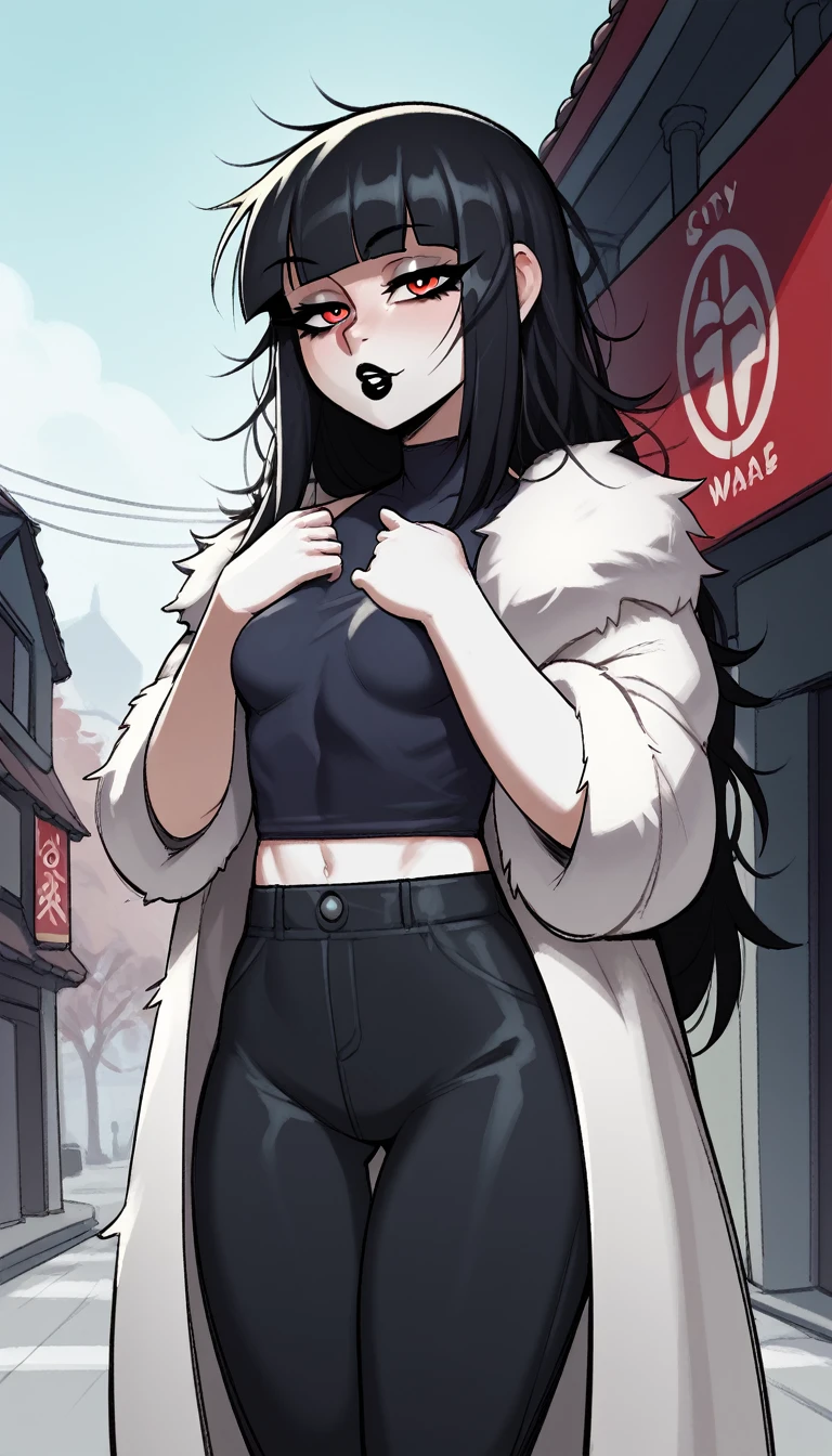 score_9, score_8_up, score_7_up, score_6_up, score_5_up, score_4_up, BREAK 1girl, black hair, messy hair, swept bangs, red eyes, long eyelashes, seductive expression, blunt bangs, short, BREAK solo, small breasts, skinny, arched back, thigh gap, shrine maiden, white fur coat, innocent, lovely, adorable, long hair, hair covering one eye, dark mage, fully clothed, hibakama pants, hakui shirt, yakuza, city street background, black lipstick,