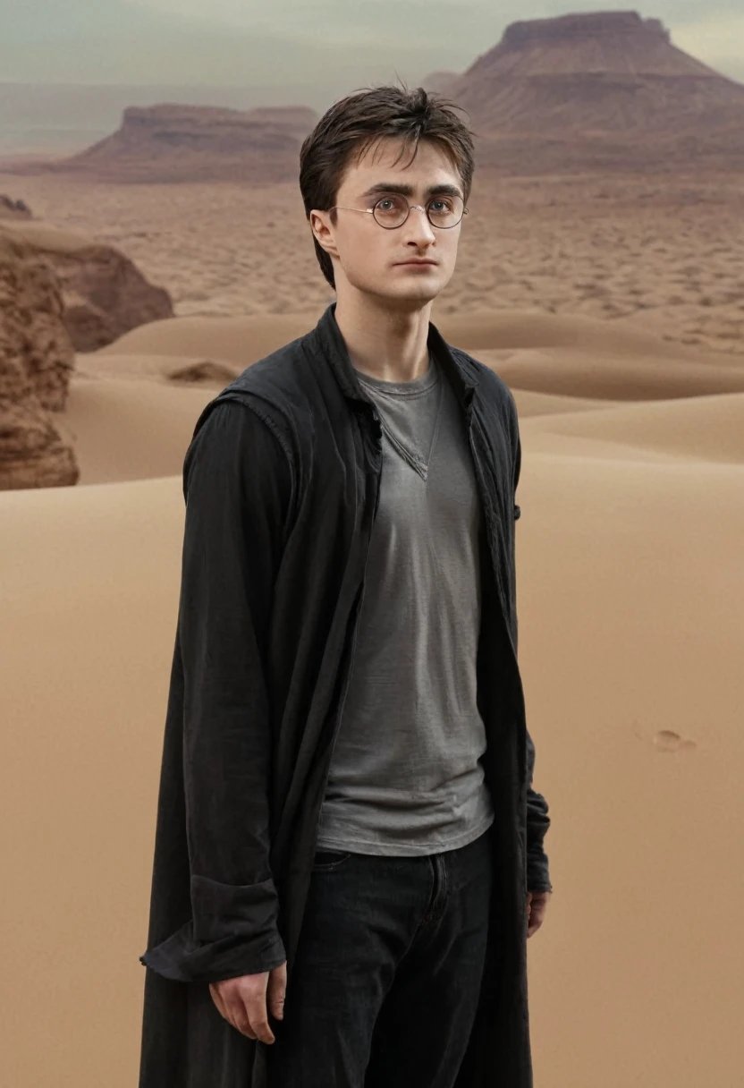 Harry Potter, sueur abondante, goutte de sueur sur le front, haletant, dans un désert, (Image 4K) (la plus haute qualité)