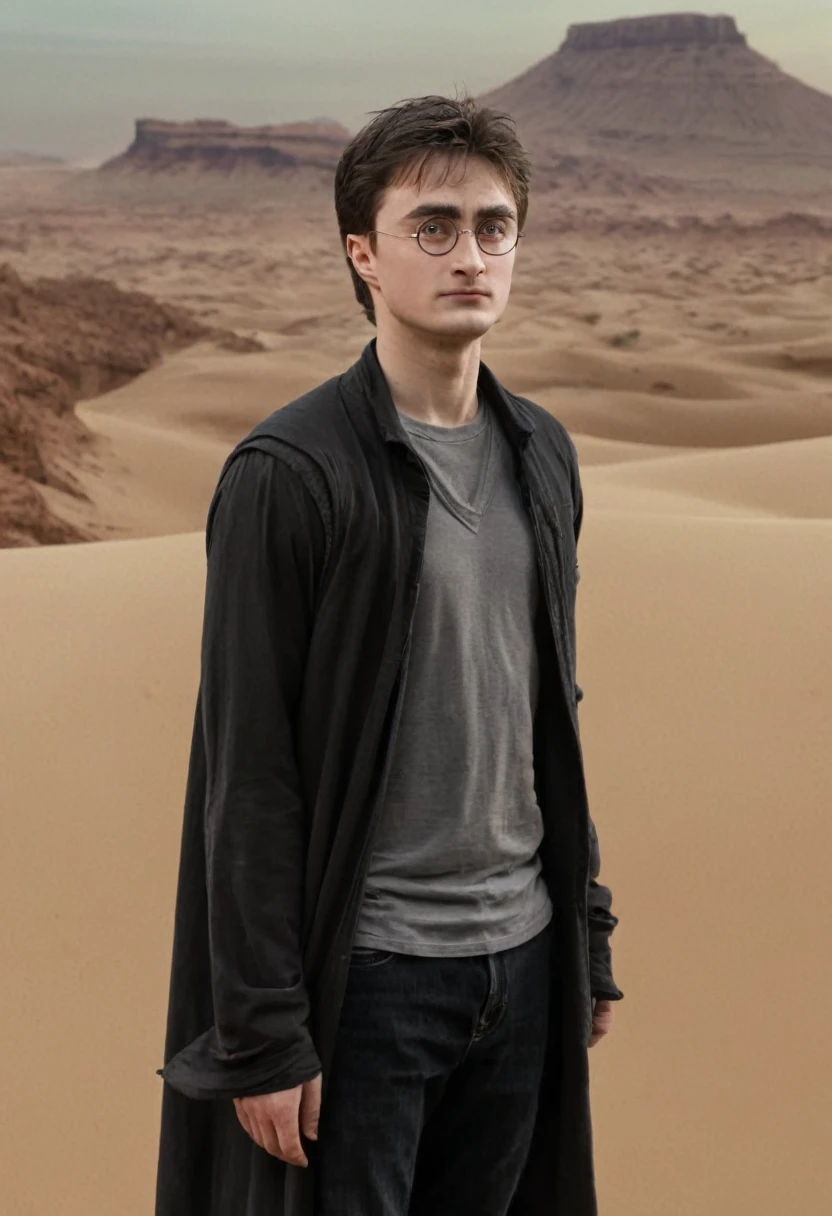 Harry Potter, sueur abondante, goutte de sueur sur le front, haletant, dans un désert, (Image 4K) (la plus haute qualité)
