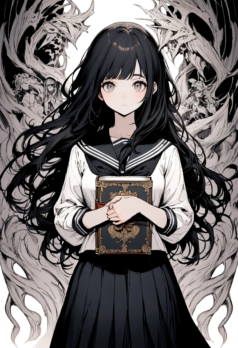 A black haired girl wearing a sailor fuku while holding a book in her hands while the background was white