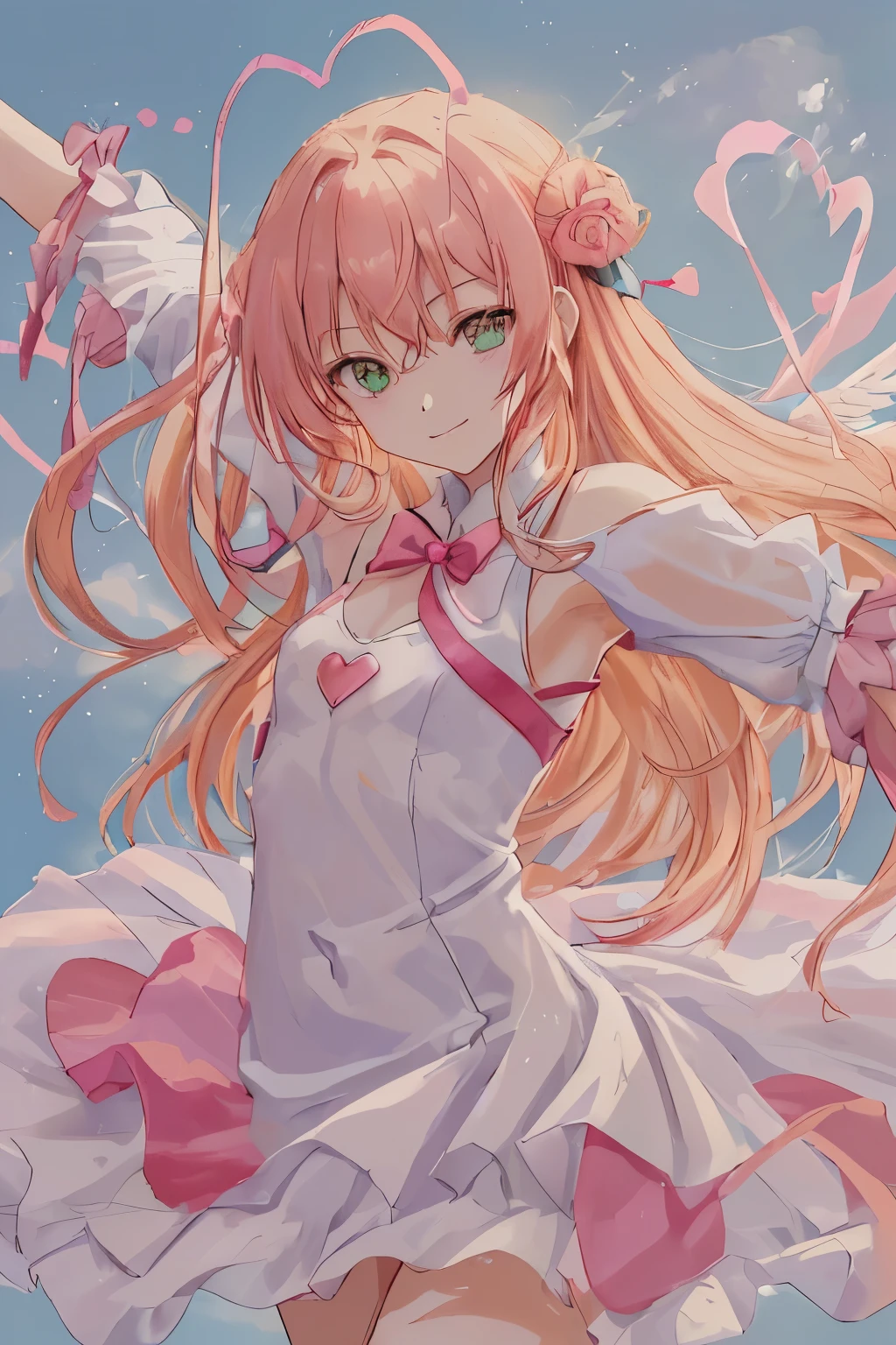 1_girl, (anime, kawai:2), (masterpeice, best_quality, simple, cute, dreamy, vibrant, clean:1.5), (cute, cute_smile, young:1.8), (delicate, beautiful, thin:1.5), (girlfriend, angel:1.6), (green_eyes, simple_eyes:1.5) (long_hair, blond_hair, wearing_pink_dress, pink_angel_wings, sexy_gloves:1.8), extremely_delicate, (love_magic:1.5), (age_size_fits_body), (small_thighs:1.3), (breasts), (eye_level:1.3), (heart_magic, love:1.5), (dancer:1.3)