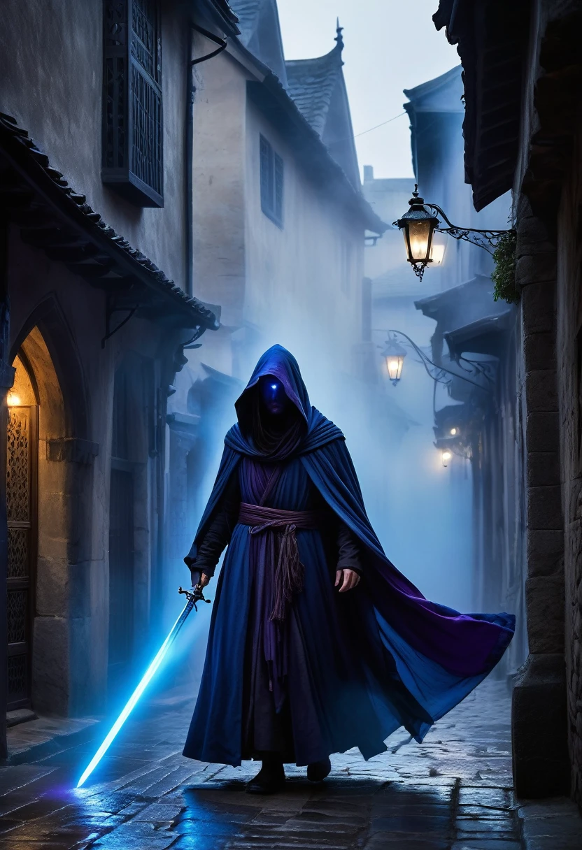 A dark and mysterious scene set in a foggy, narrow street of an ancient city. In the foreground, a figure cloaked in a flowing, dark hooded robe stands with a glowing blue, ethereal sword. The figure's face is partially hidden by the hood, with long, flowing hair cascading down. The sword emits a powerful, magical blue aura. In the background, several shadowy figures with glowing purple eyes and similar cloaks are visible, adding to the eerie and mystical atmosphere. The setting is medieval with old buildings lining the street and banners hanging above. The overall mood is tense and magical, with an air of secrecy and impending confrontation.