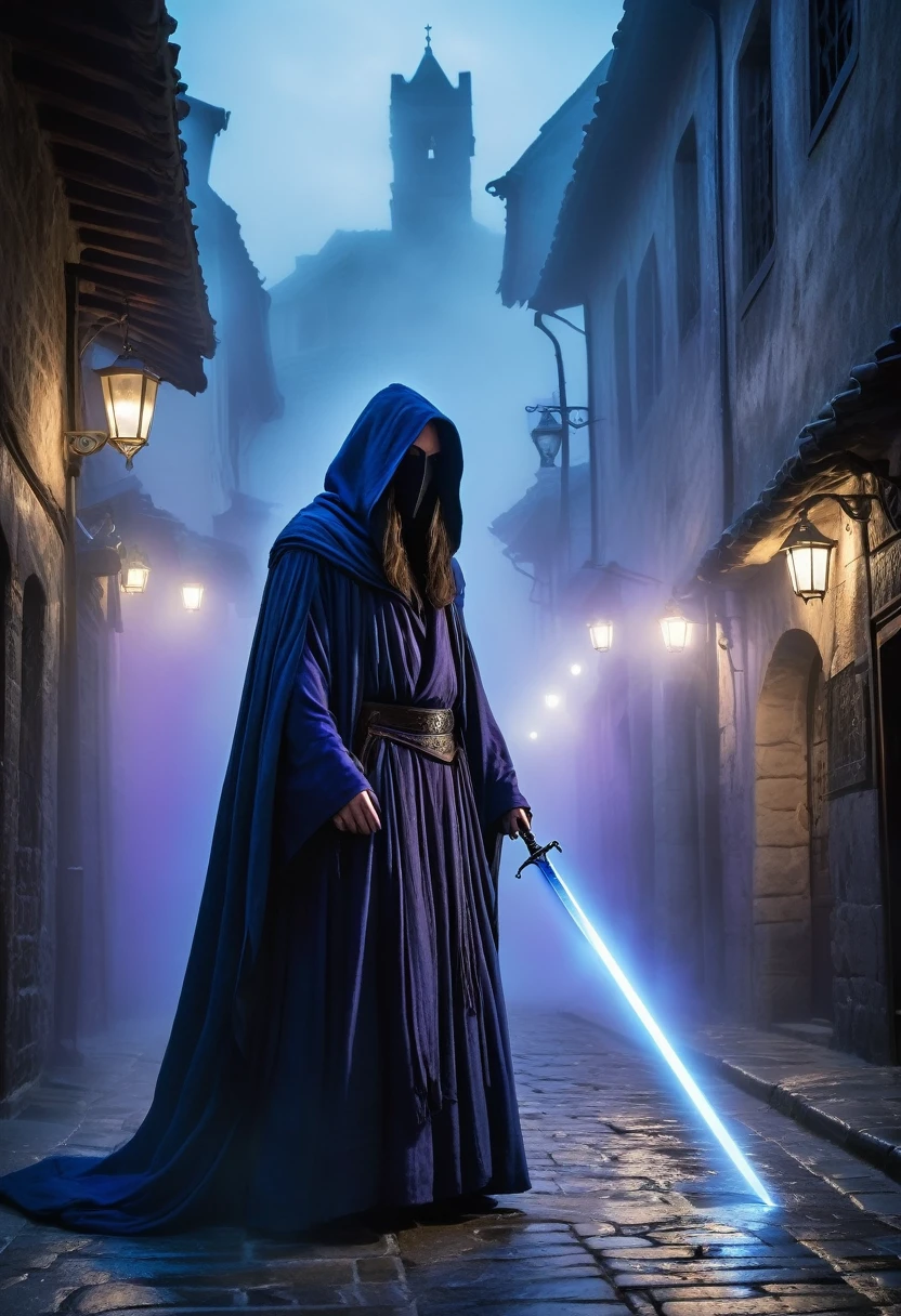 A dark and mysterious scene set in a foggy, narrow street of an ancient city. In the foreground, a figure cloaked in a flowing, dark hooded robe stands with a glowing blue, ethereal sword. The figure's face is partially hidden by the hood, with long, flowing hair cascading down. The sword emits a powerful, magical blue aura. In the background, several shadowy figures with glowing purple eyes and similar cloaks are visible, adding to the eerie and mystical atmosphere. The setting is medieval with old buildings lining the street and banners hanging above. The overall mood is tense and magical, with an air of secrecy and impending confrontation.