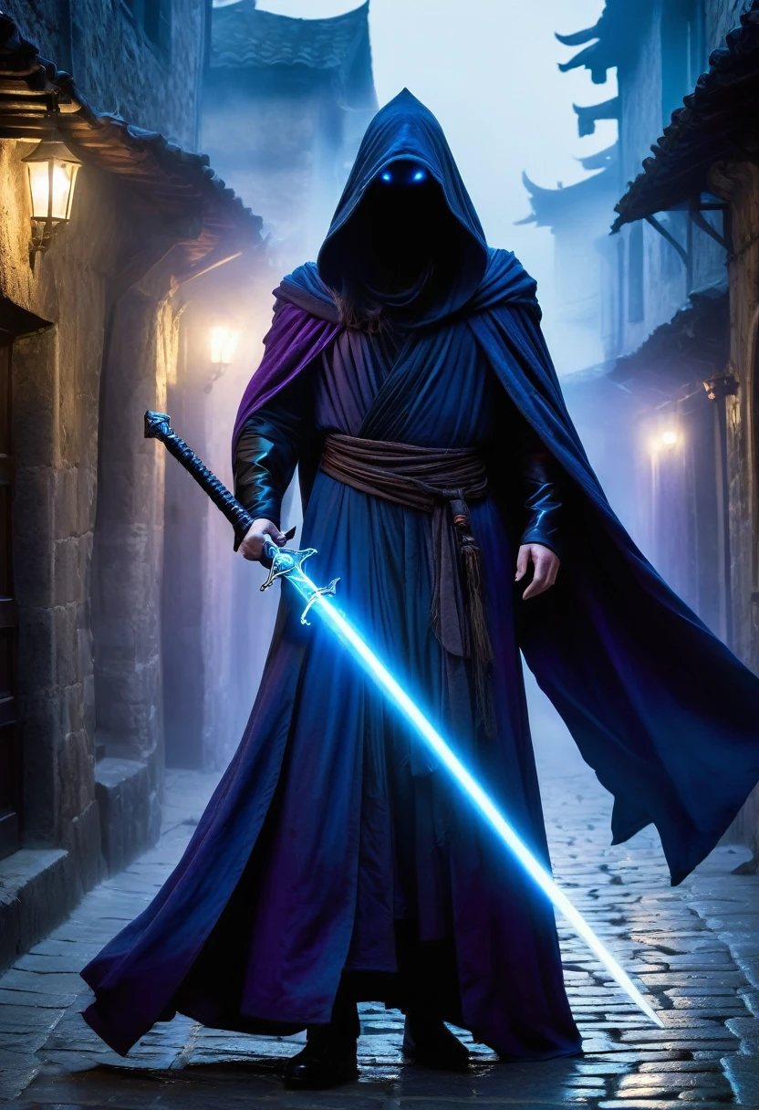 A dark and mysterious scene set in a foggy, narrow street of an ancient city. In the foreground, a figure cloaked in a flowing, dark hooded robe stands with a glowing blue, ethereal sword. The figure's face is partially hidden by the hood, with long, flowing hair cascading down. The sword emits a powerful, magical blue aura. In the background, several shadowy figures with glowing purple eyes and similar cloaks are visible, adding to the eerie and mystical atmosphere. The setting is medieval with old buildings lining the street and banners hanging above. The overall mood is tense and magical, with an air of secrecy and impending confrontation.