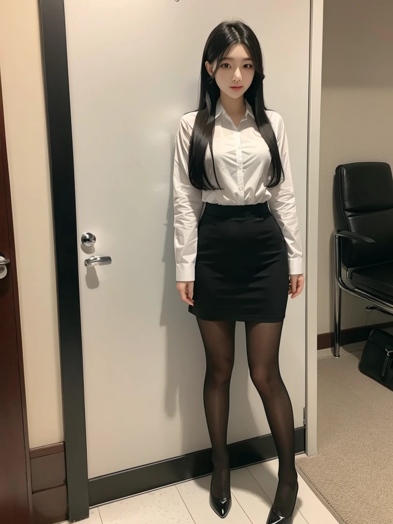 korean girl with long black hair, y body, big , wearing an office uniform, pane, standing in front office toilet door, 20 yo